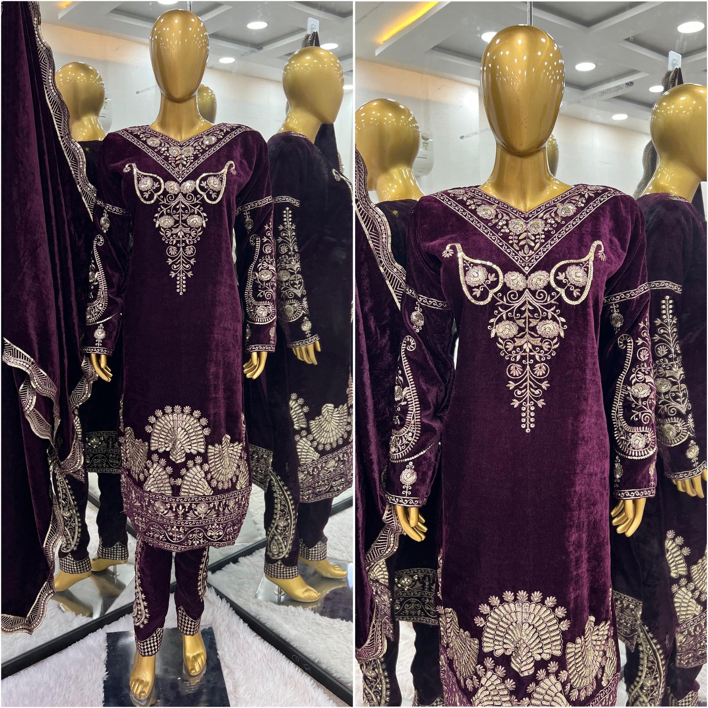 Wine Viscose Velvet Fully Sleeved With Sequins Work 3pc Kurta Set