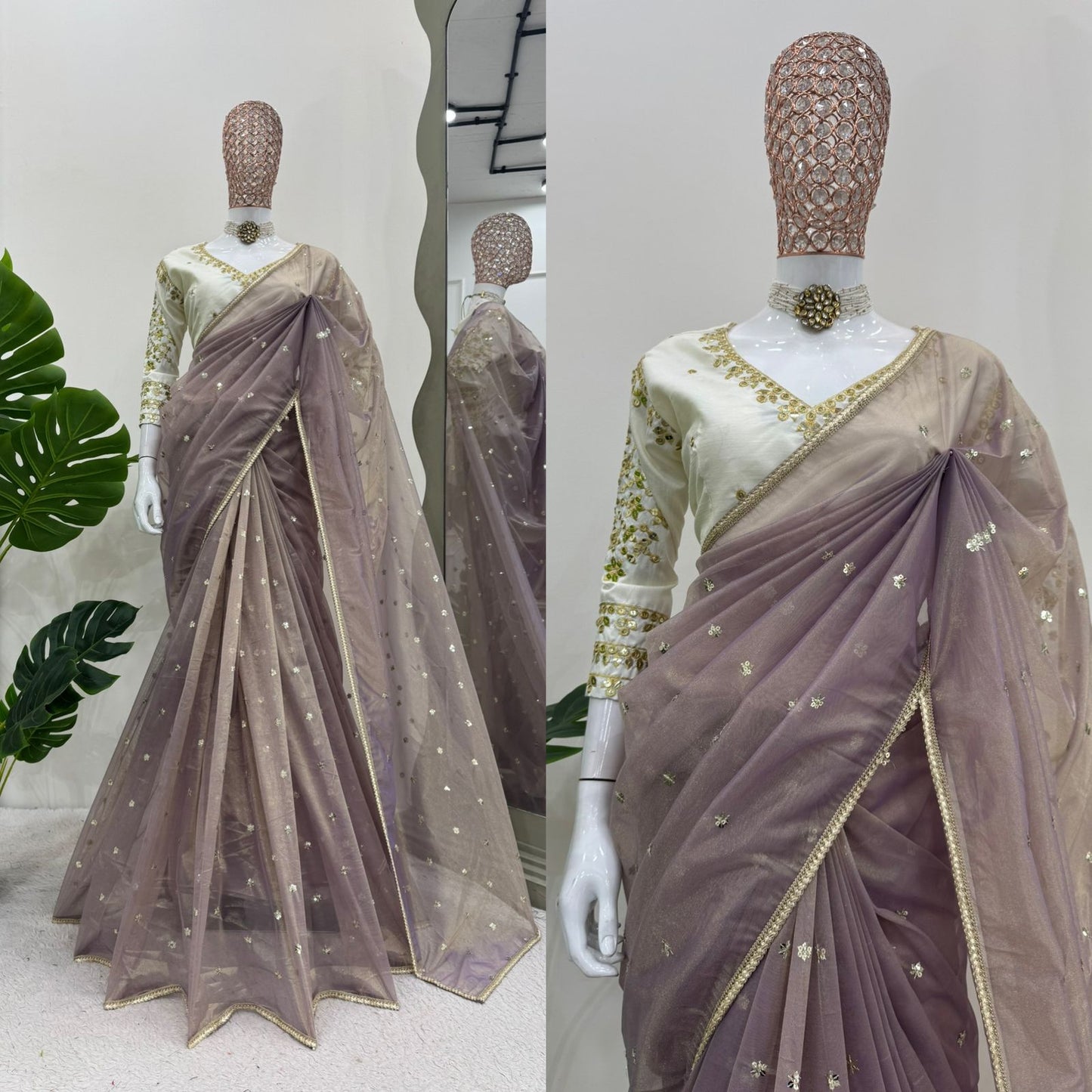 Light Lavender Heavy Twill Net With Sequins Work