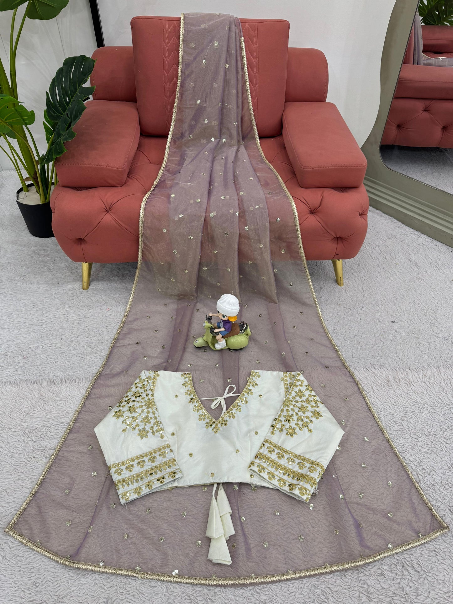 Light Lavender Heavy Twill Net With Sequins Work