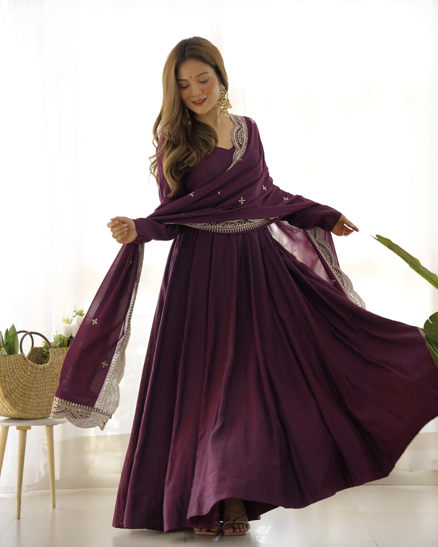 Wine Heavy pure Chanderi Romansilk 3pc Anarkali Gown Set