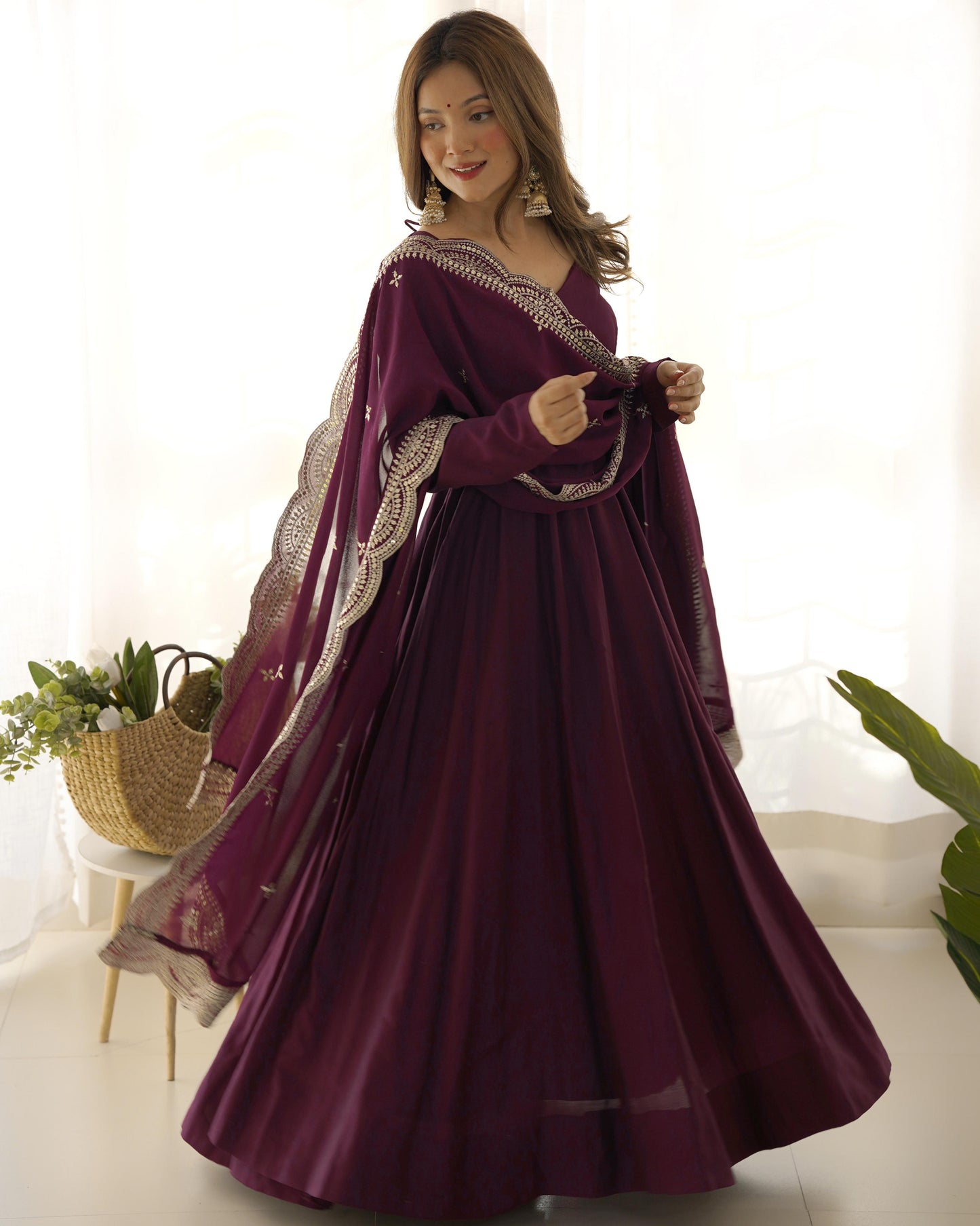 Wine Heavy pure Chanderi Romansilk 3pc Anarkali Gown Set
