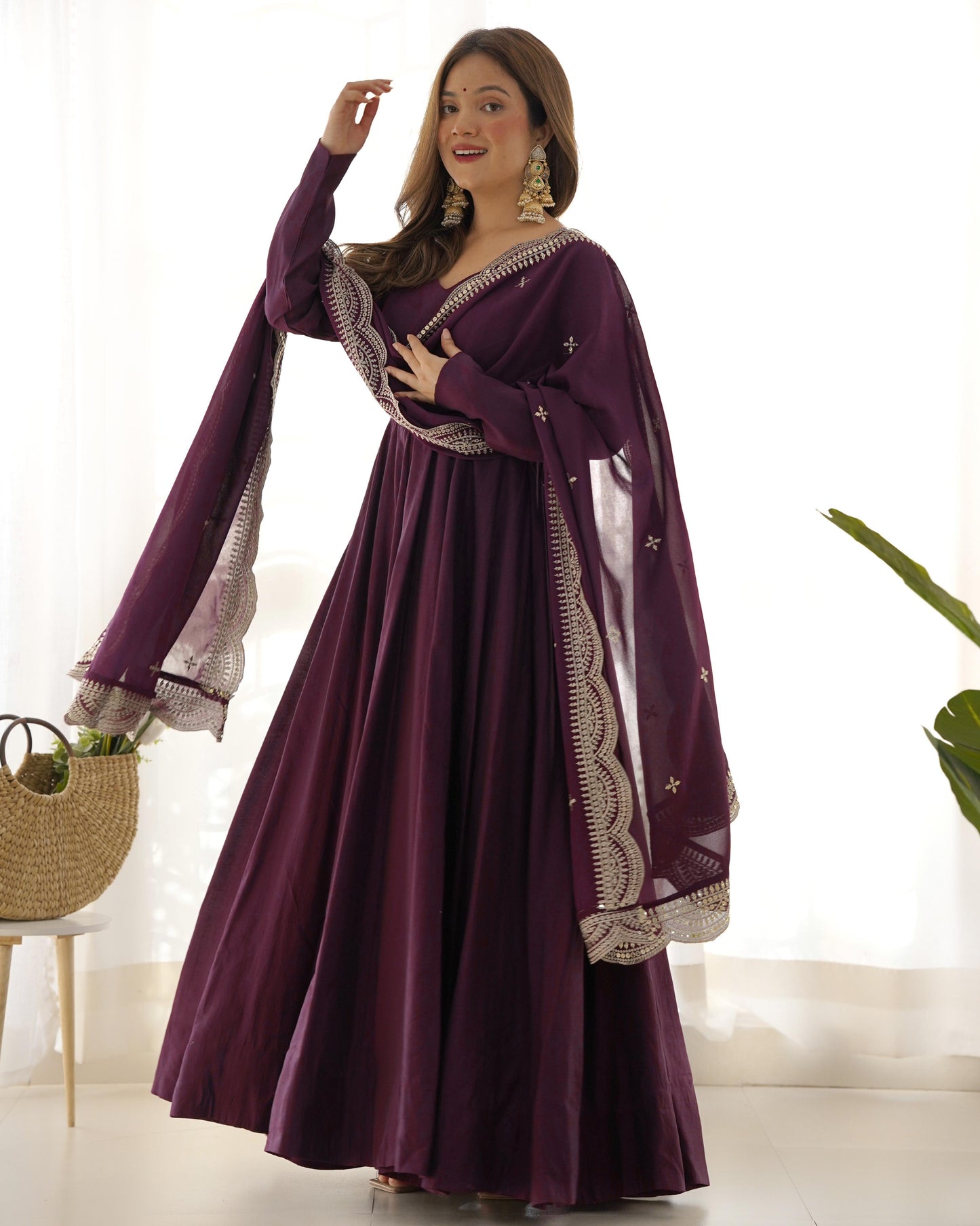 Wine Heavy pure Chanderi Romansilk 3pc Anarkali Gown Set