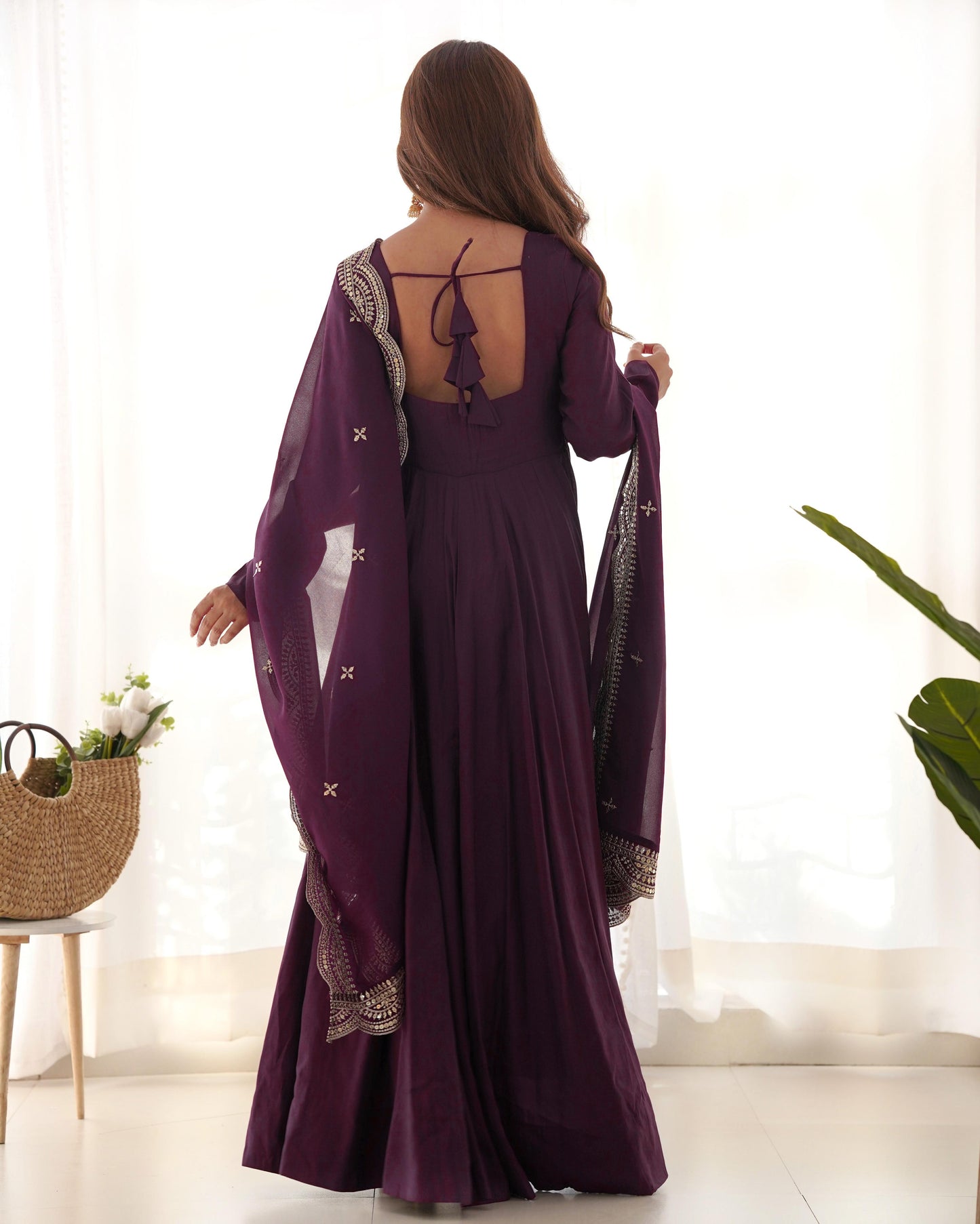 Wine Heavy pure Chanderi Romansilk 3pc Anarkali Gown Set