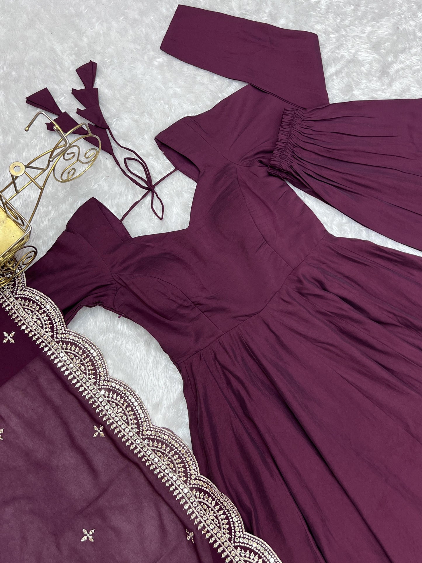 Wine Heavy pure Chanderi Romansilk 3pc Anarkali Gown Set