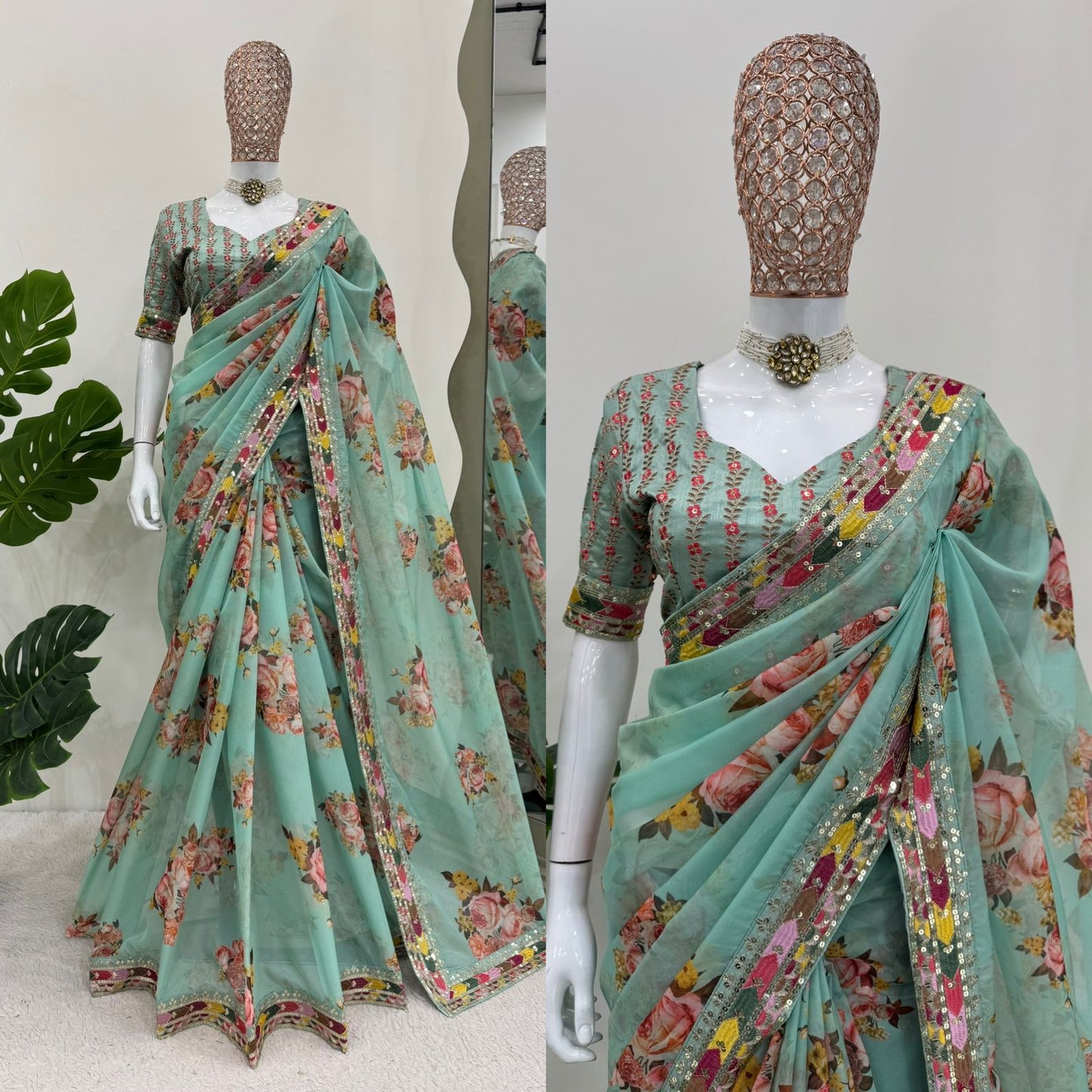 Green Tibby Silk With Thread Sequins Embroidery Saree
