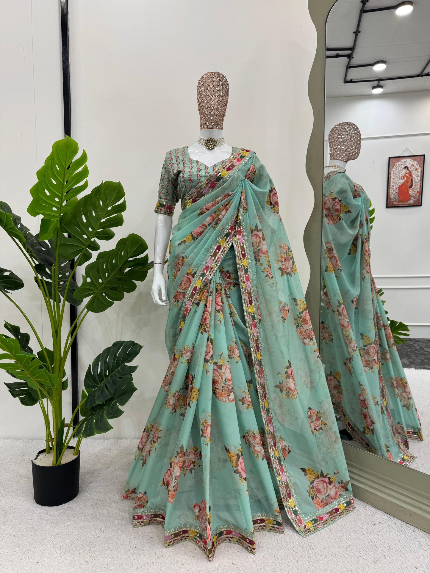 Green Tibby Silk With Thread Sequins Embroidery Saree