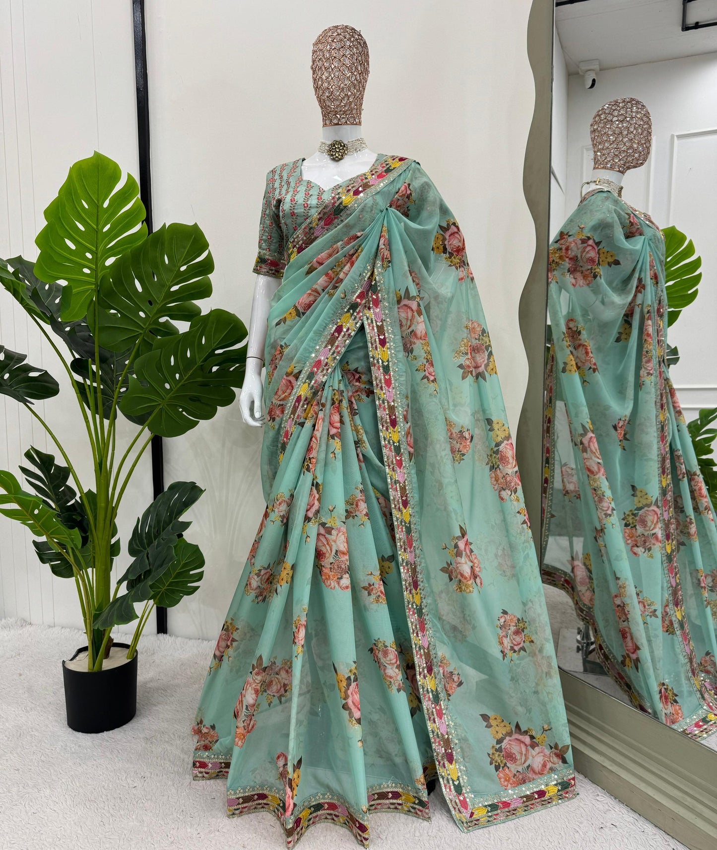 Green Tibby Silk With Thread Sequins Embroidery Saree