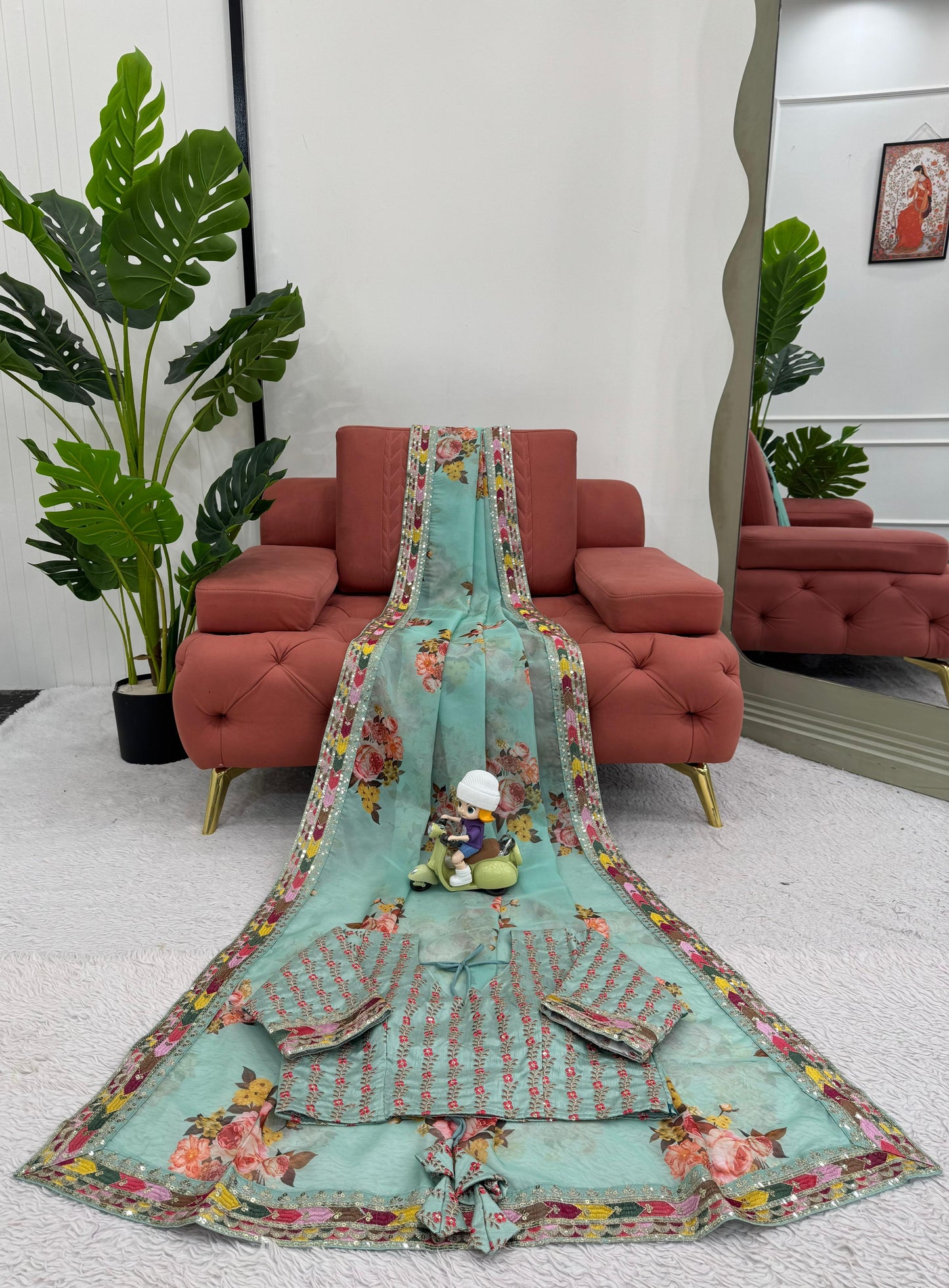 Green Tibby Silk With Thread Sequins Embroidery Saree