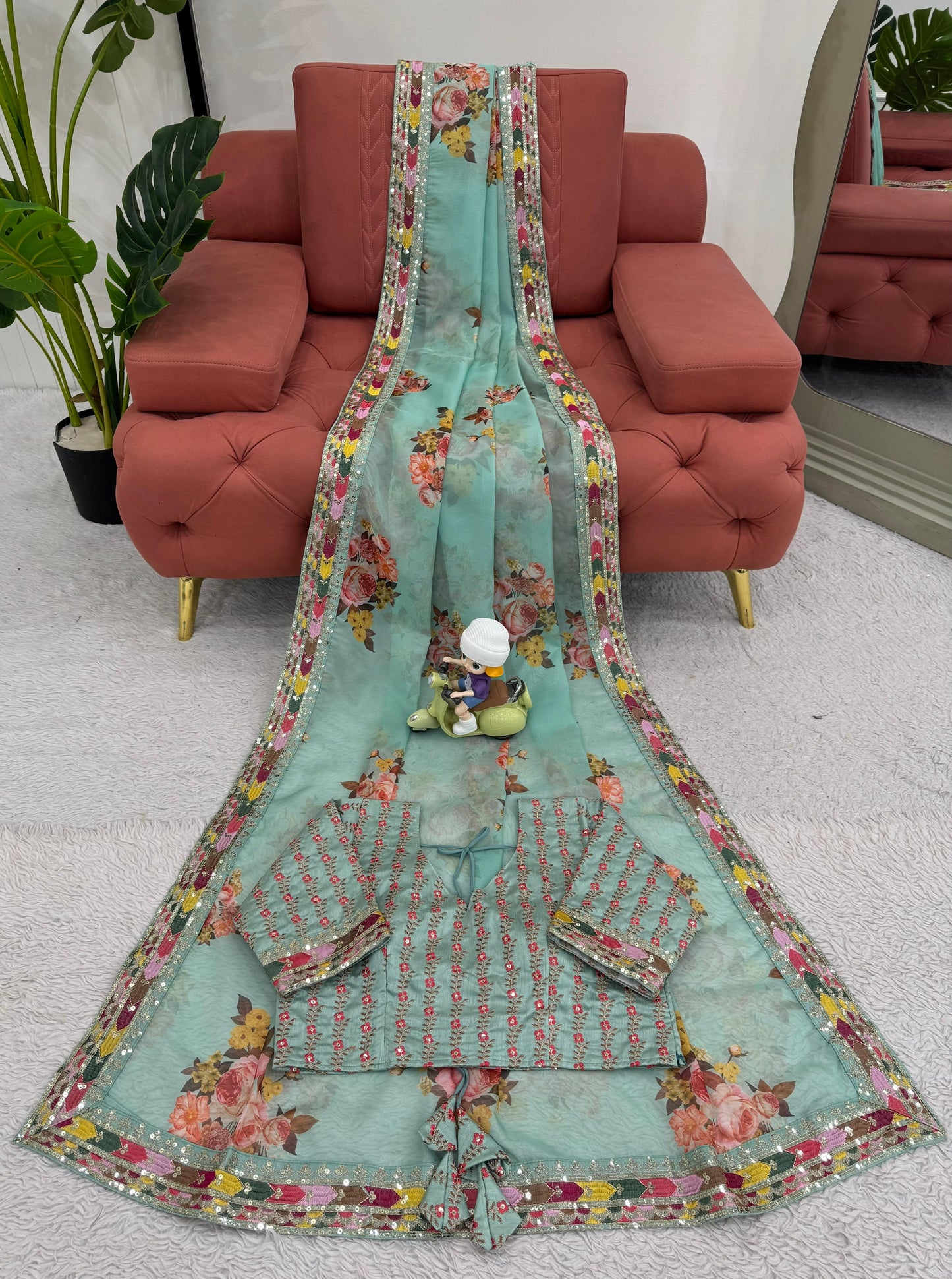 Green Tibby Silk With Thread Sequins Embroidery Saree
