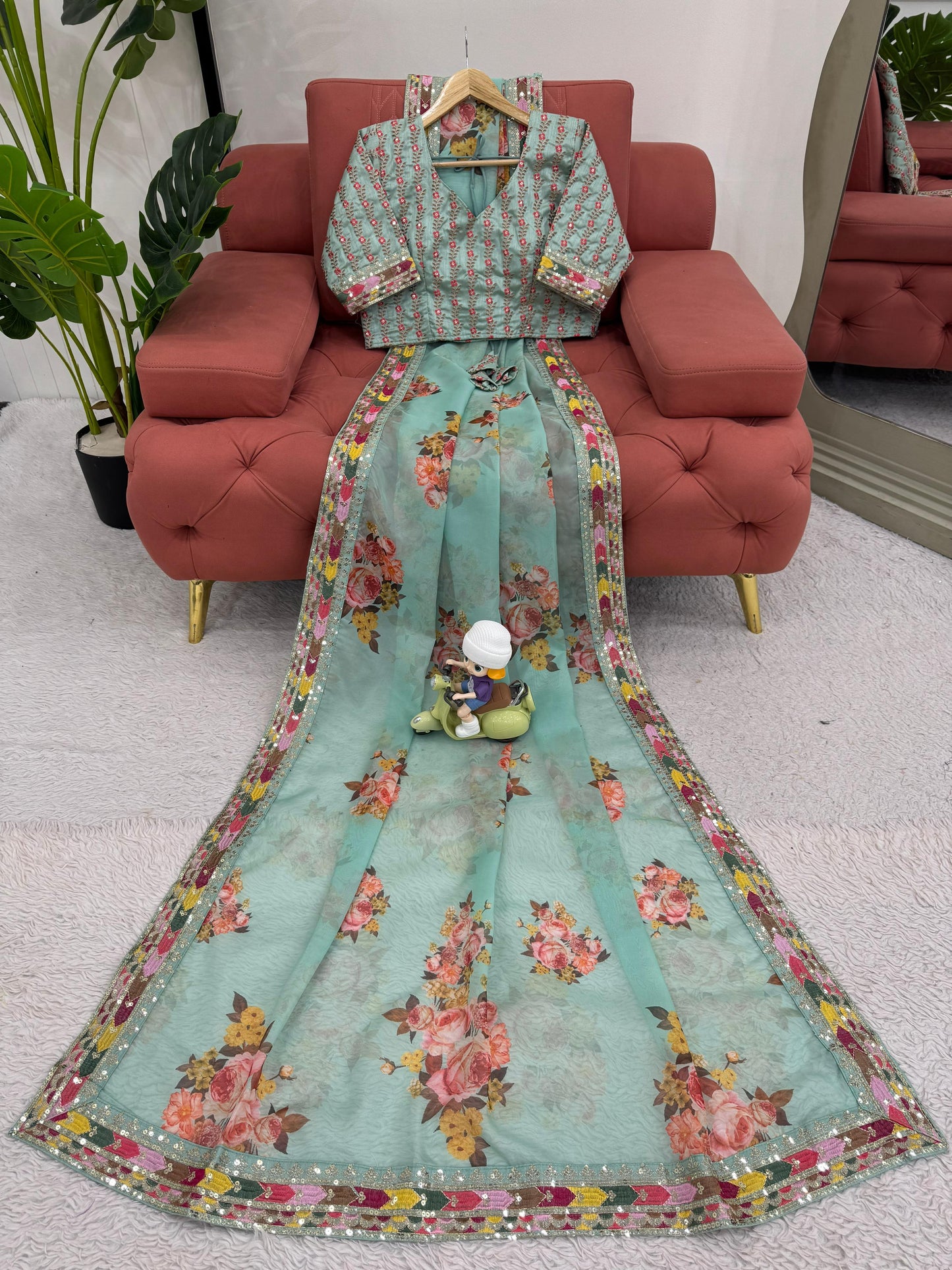 Green Tibby Silk With Thread Sequins Embroidery Saree