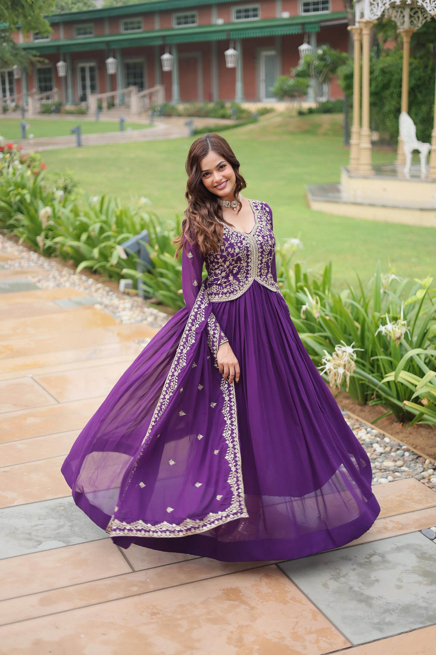 Faux Blooming Multi & Zari Embroidered Work Gown With Dupatta
