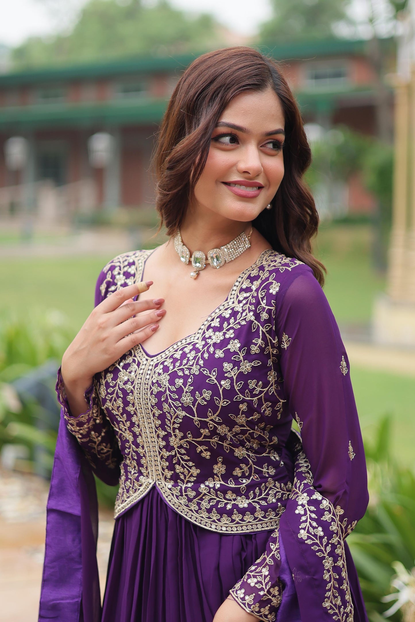Faux Blooming Multi & Zari Embroidered Work Gown With Dupatta