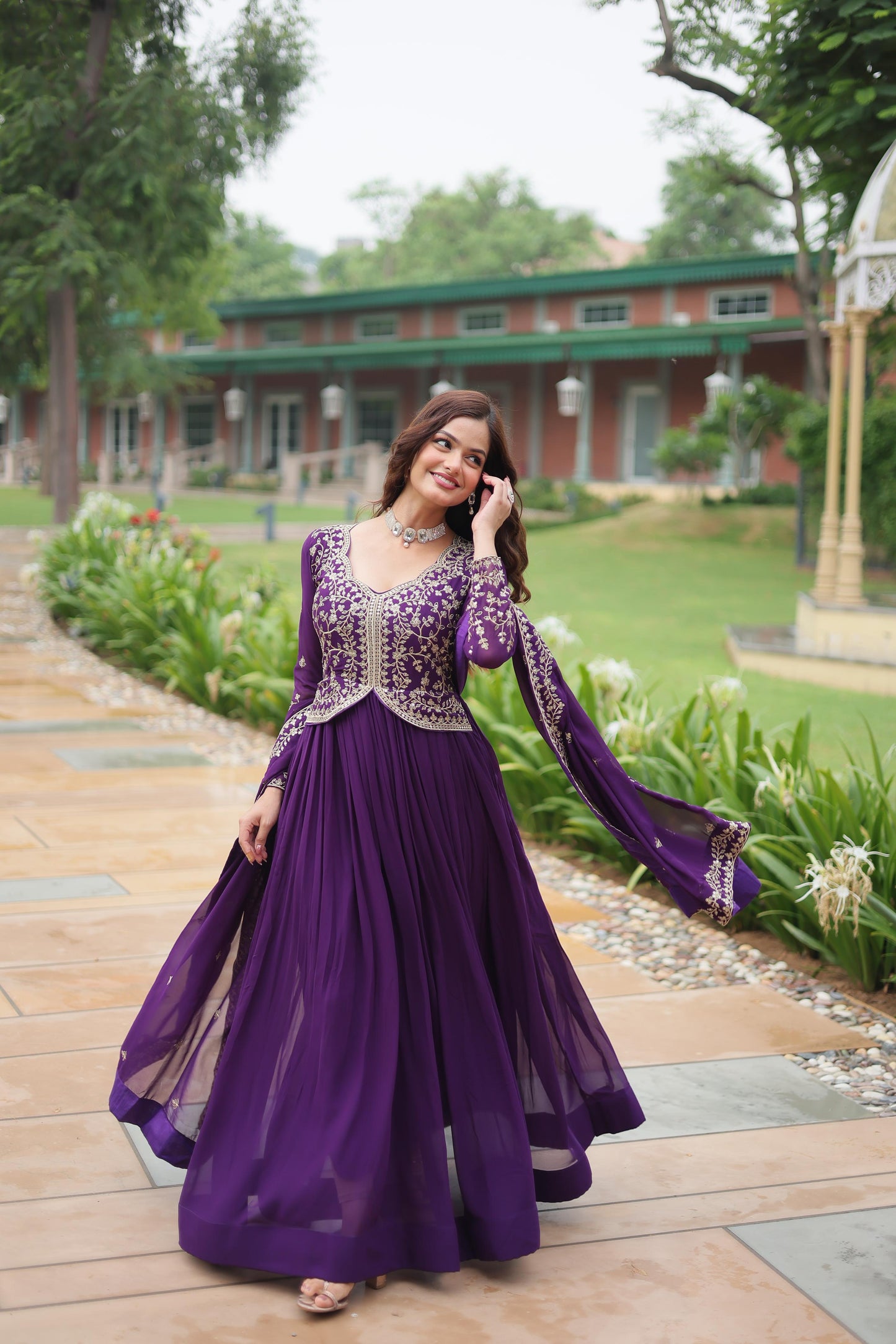 Faux Blooming Multi & Zari Embroidered Work Gown With Dupatta