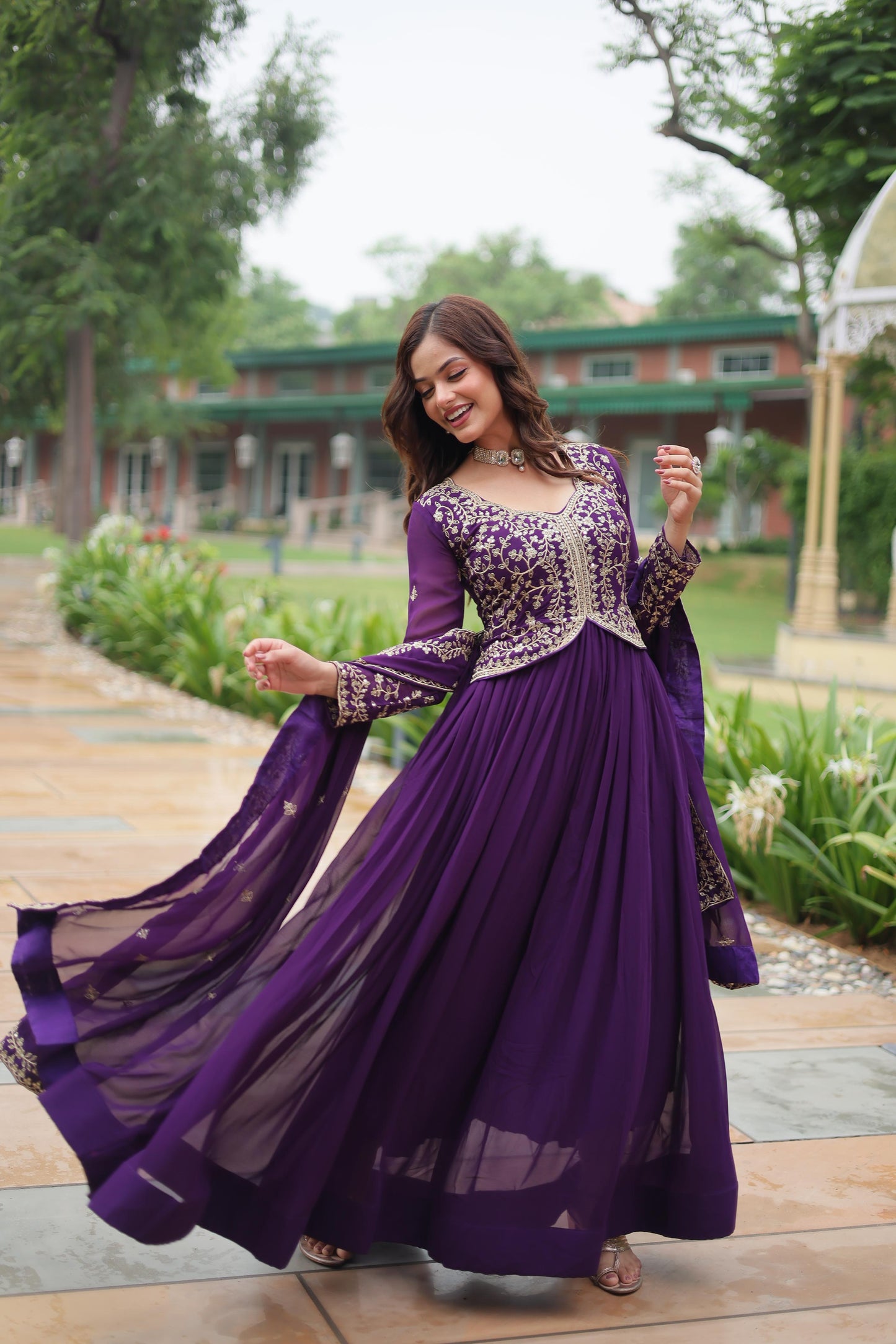 Faux Blooming Multi & Zari Embroidered Work Gown With Dupatta
