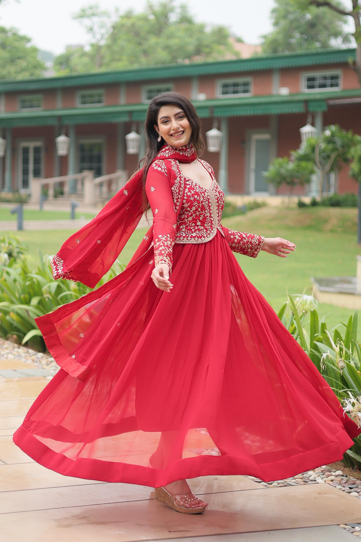 Faux Blooming Multi & Zari Embroidered Work Gown With Dupatta