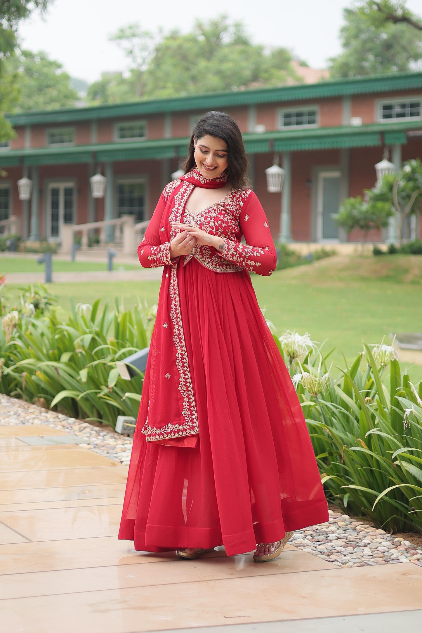 Faux Blooming Multi & Zari Embroidered Work Gown With Dupatta