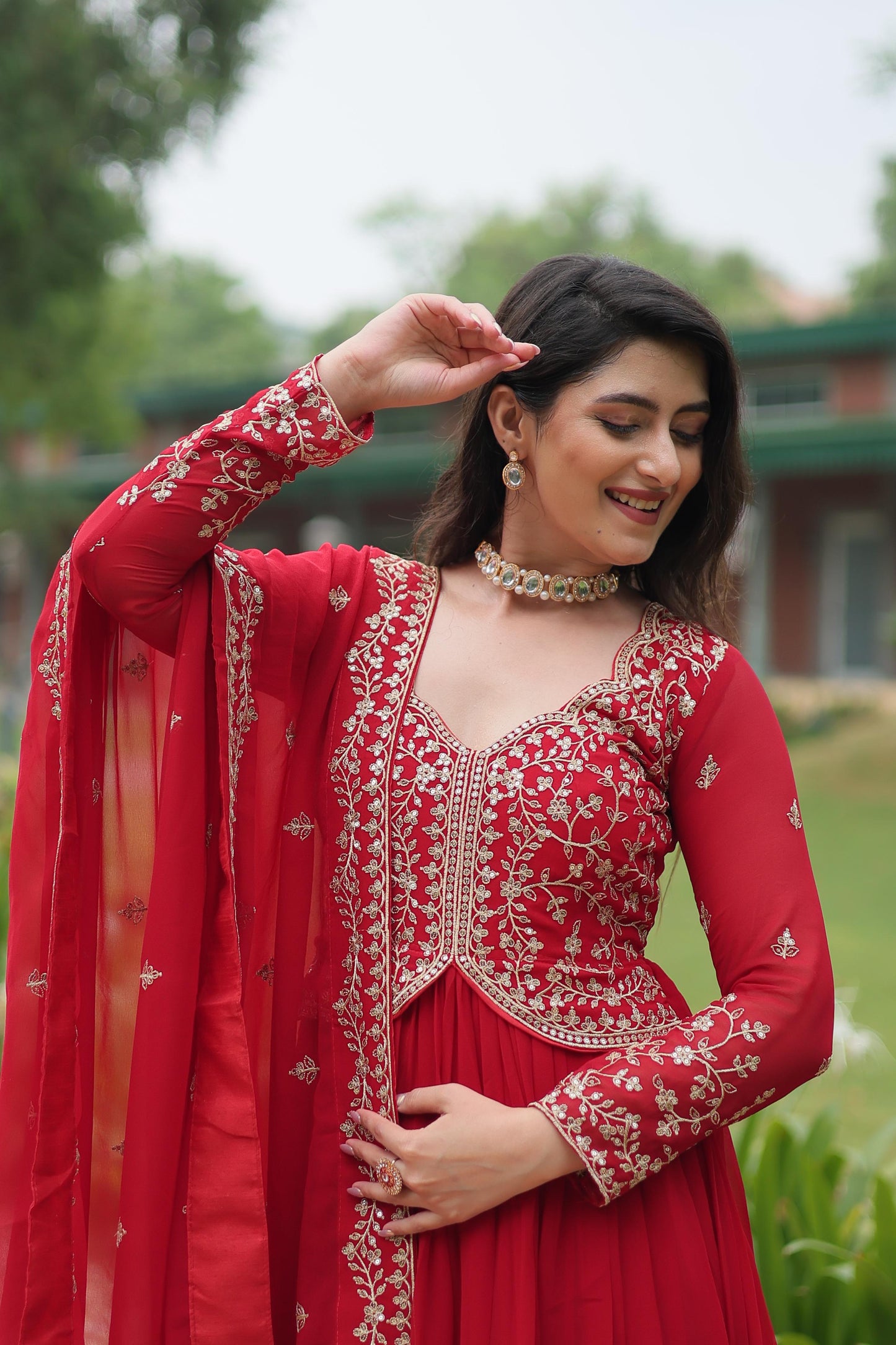 Faux Blooming Multi & Zari Embroidered Work Gown With Dupatta