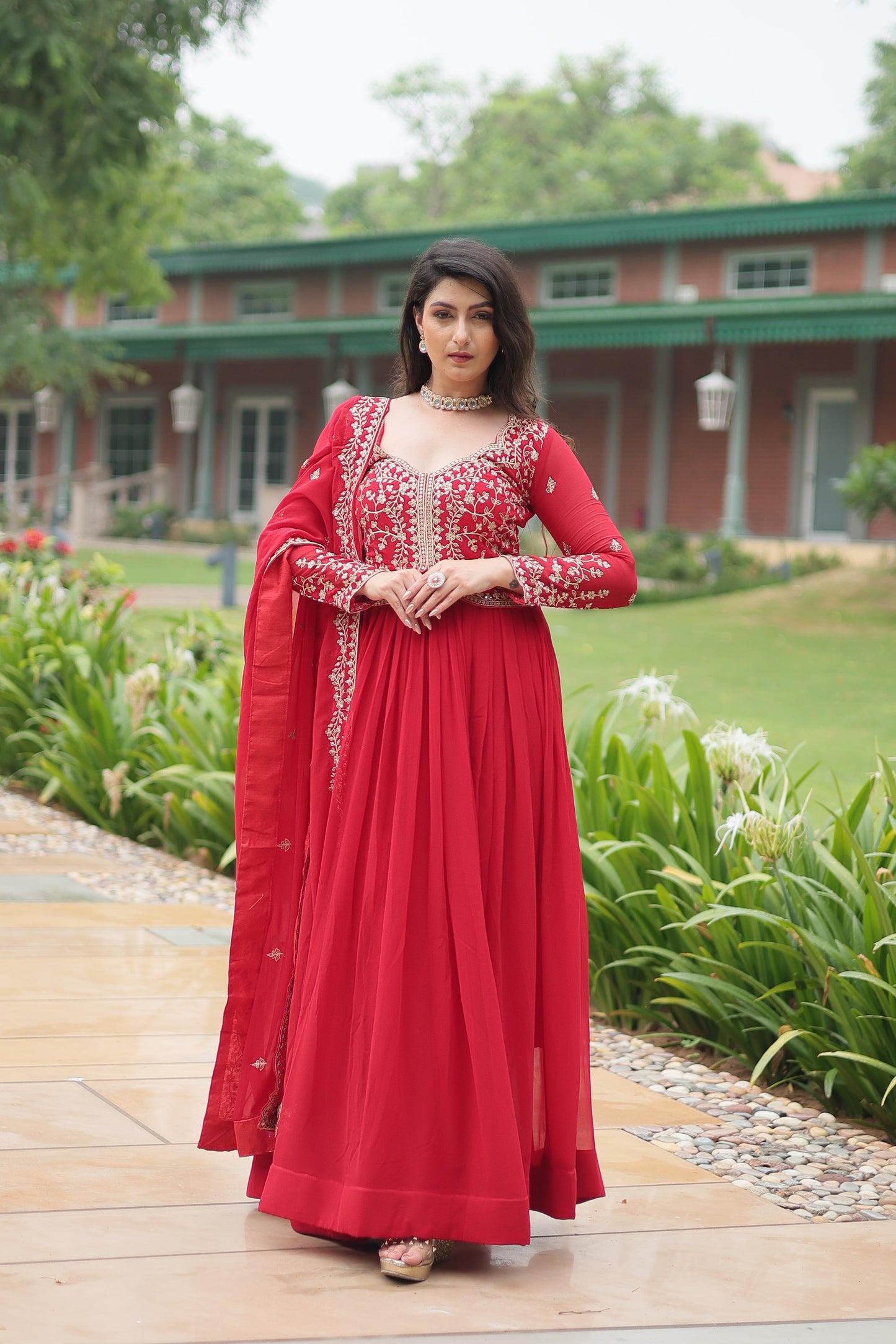 Faux Blooming Multi & Zari Embroidered Work Gown With Dupatta