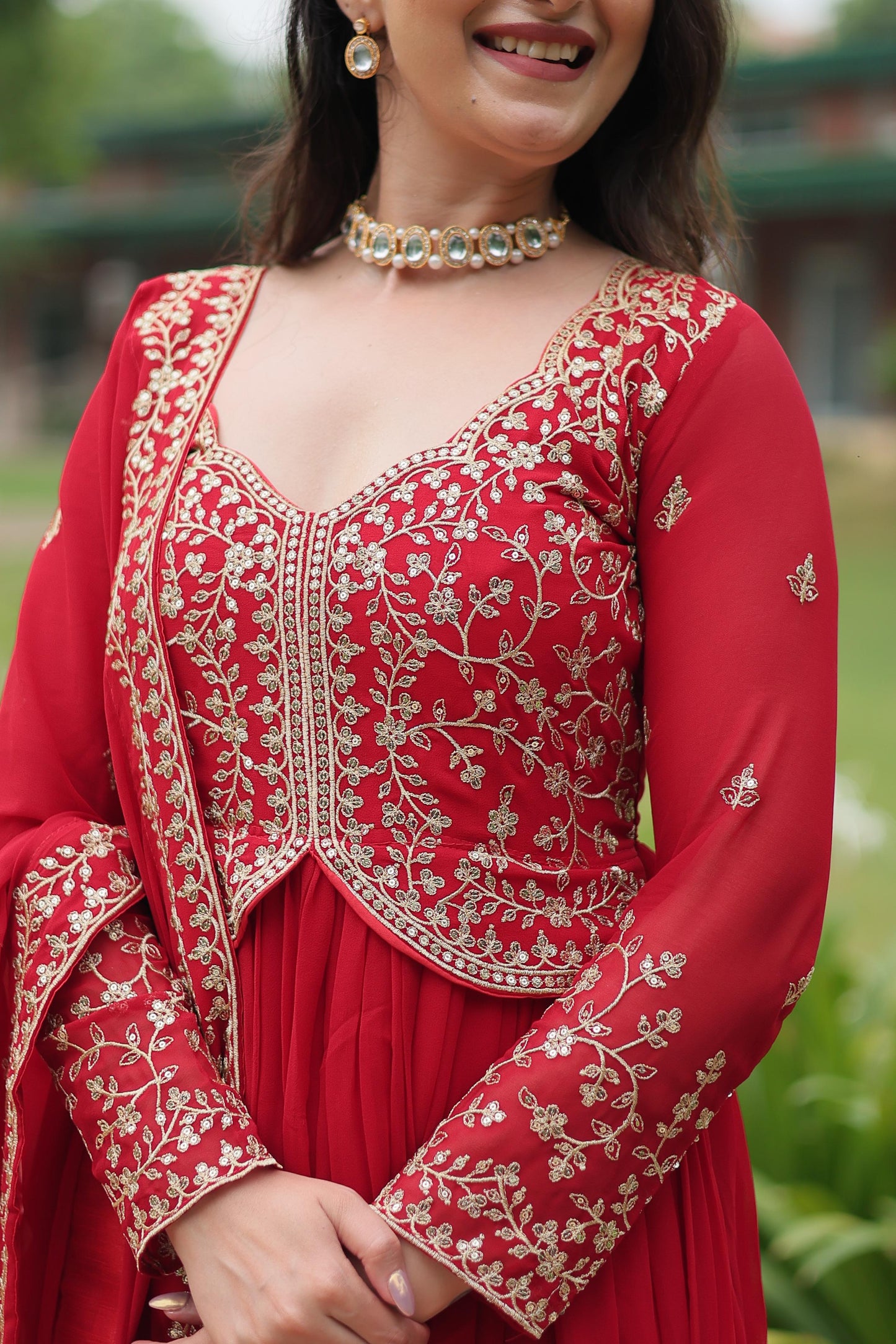 Faux Blooming Multi & Zari Embroidered Work Gown With Dupatta