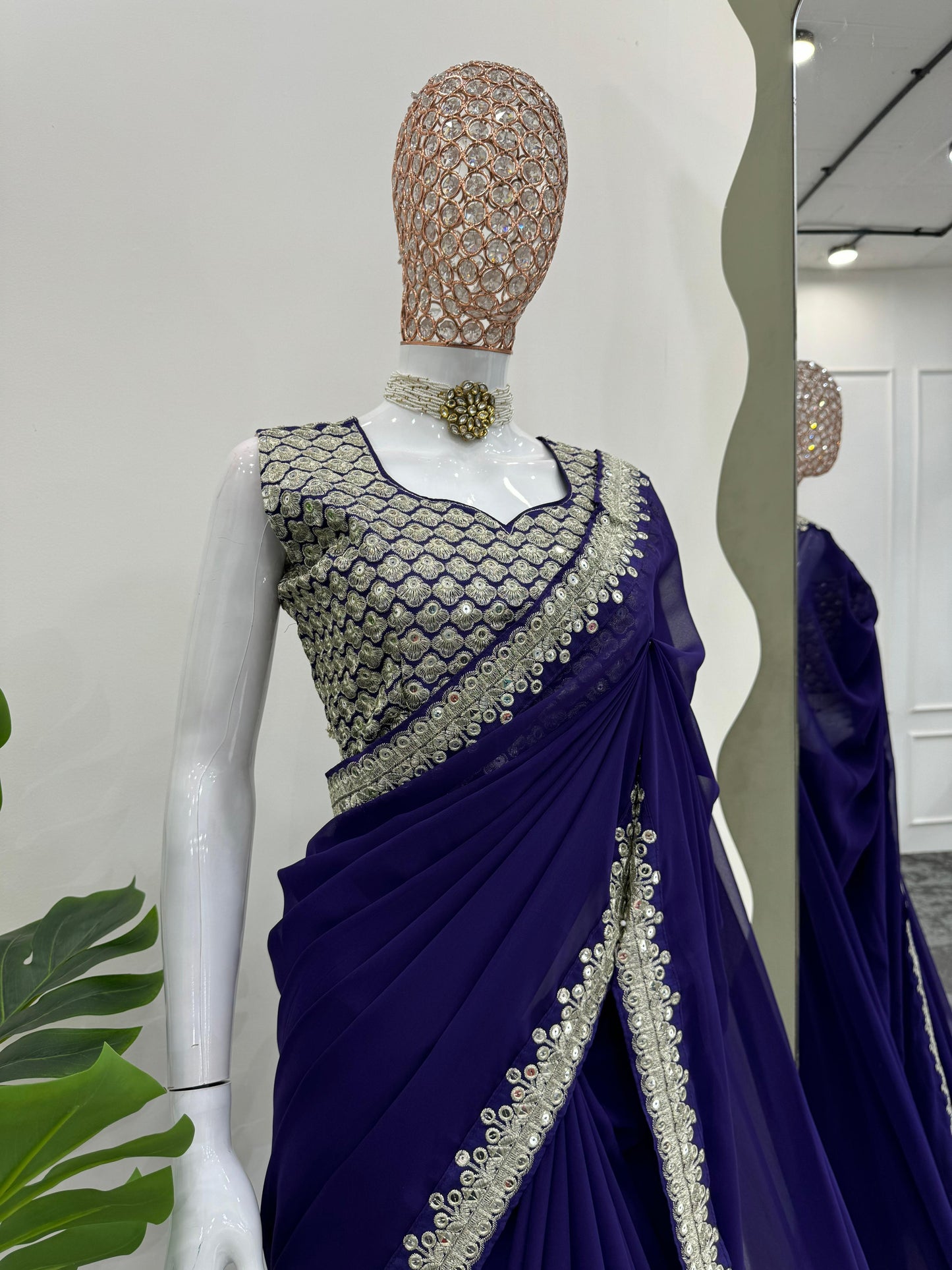Dark Blue Heavy Georgette With Embroidery Saree