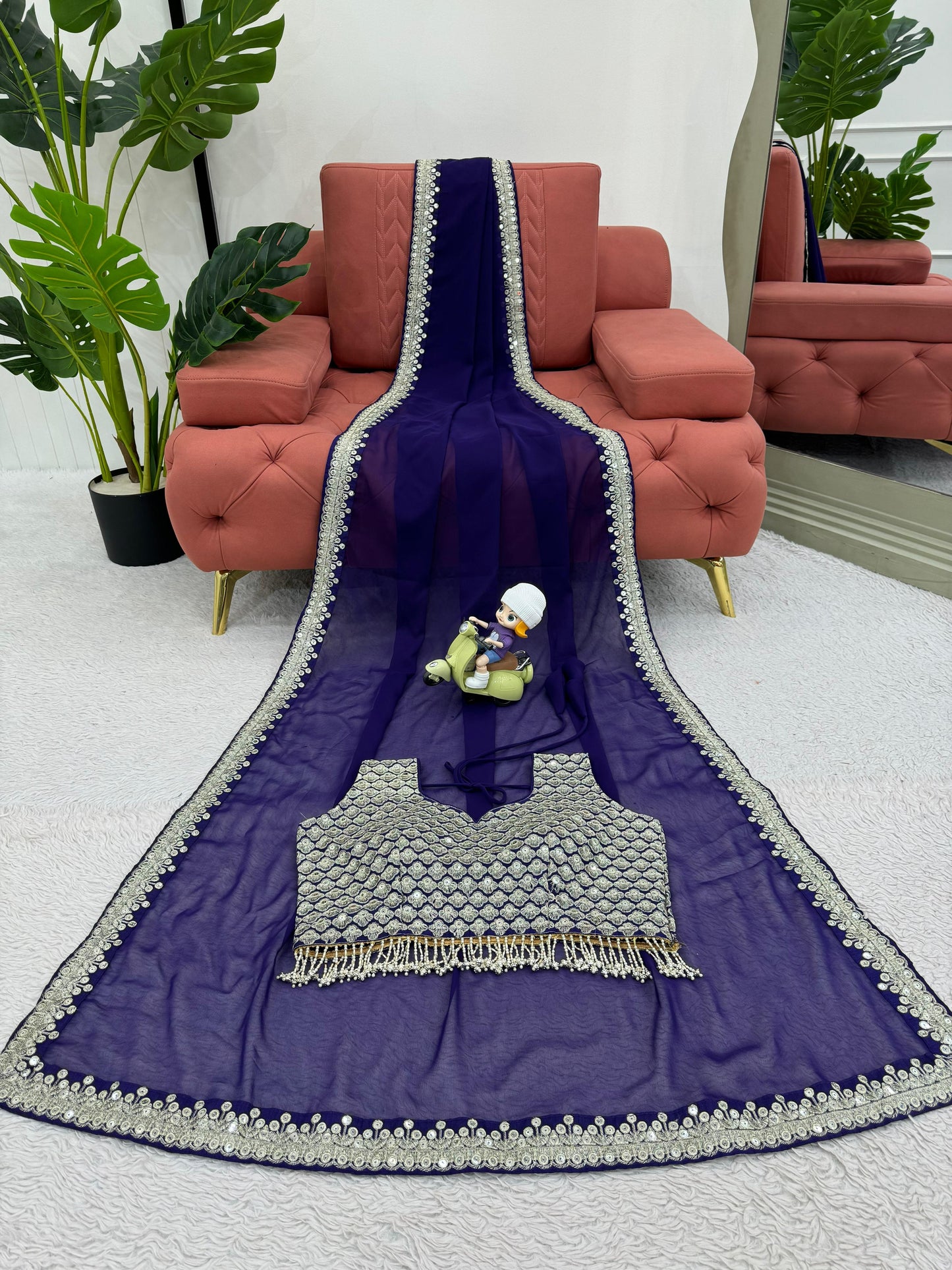 Dark Blue Heavy Georgette With Embroidery Saree