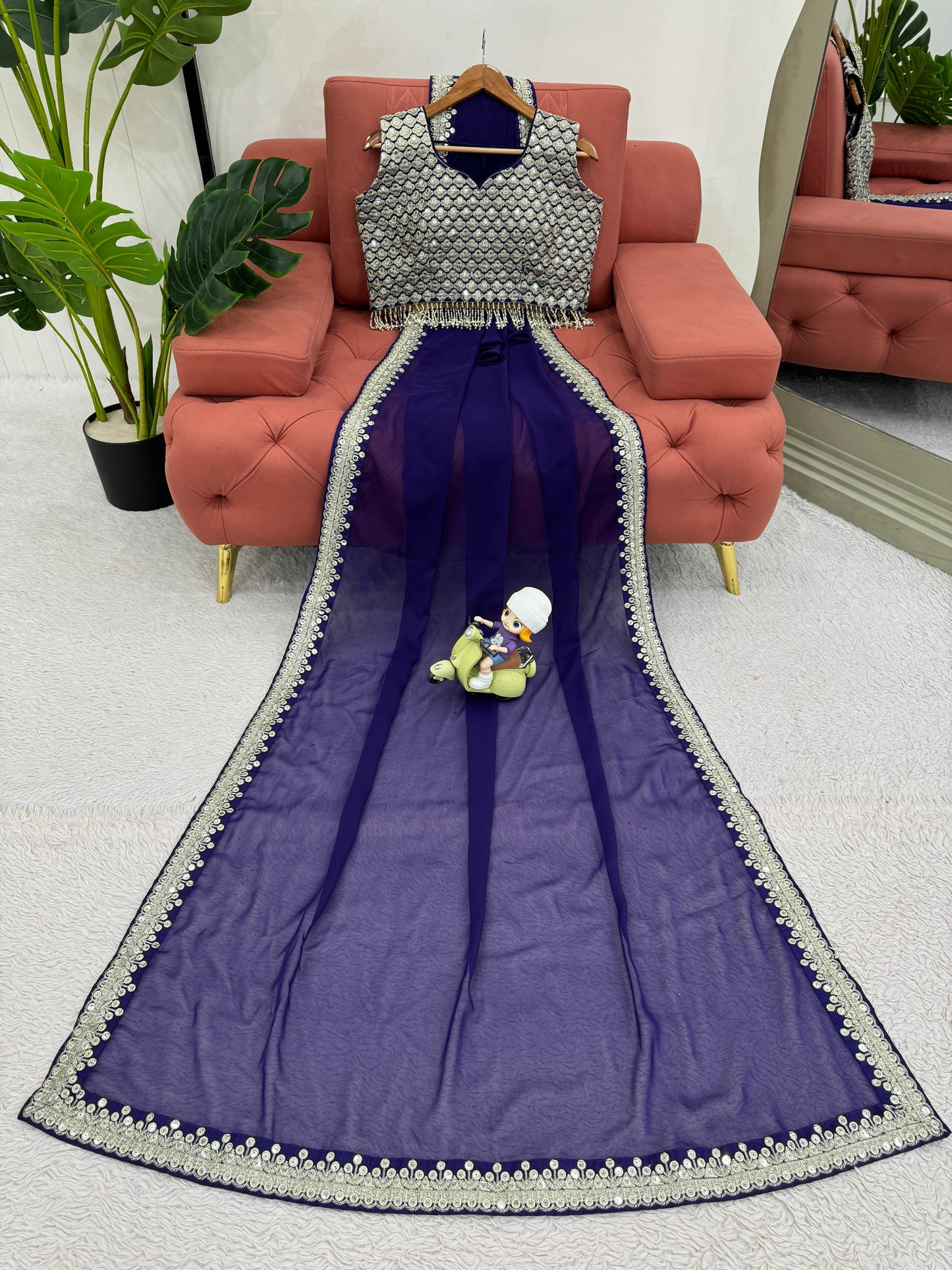 Dark Blue Heavy Georgette With Embroidery Saree