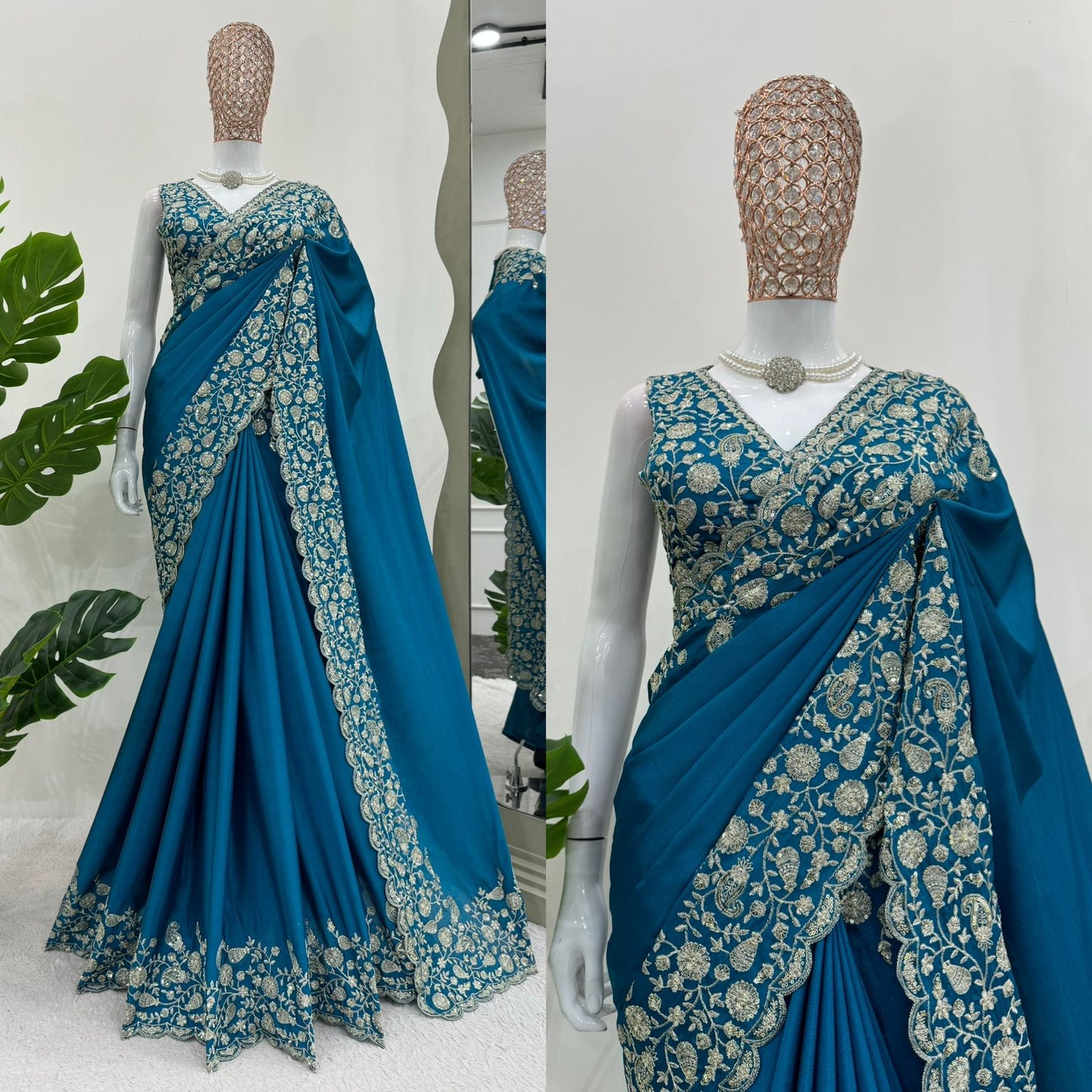 Blue Heavy Chinon Thread & Sequence Work Saree