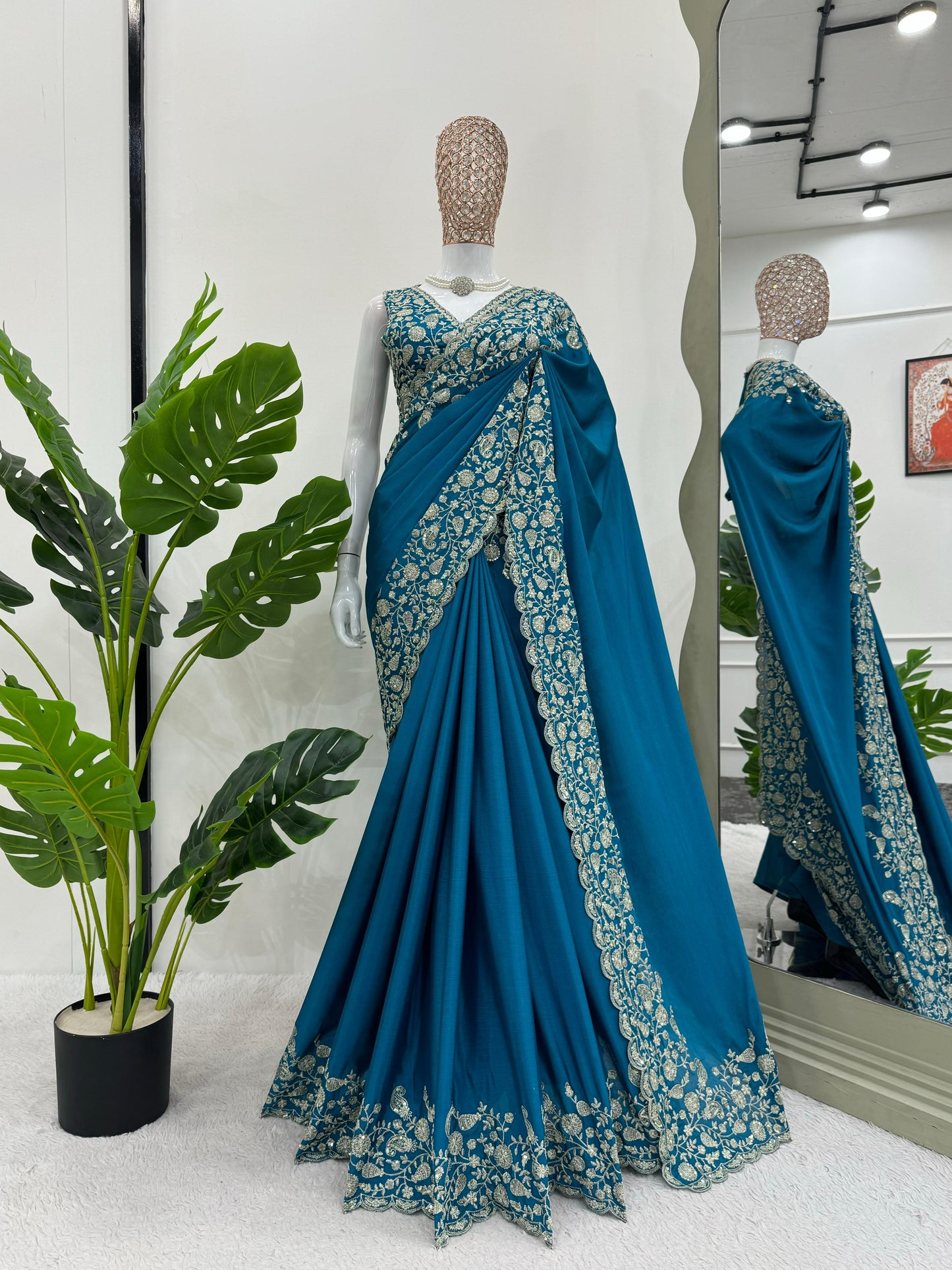 Blue Heavy Chinon Thread & Sequence Work Saree