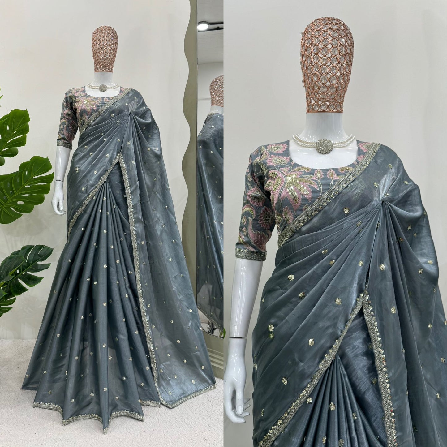Gray Jimmy Chu Sequins Work Saree