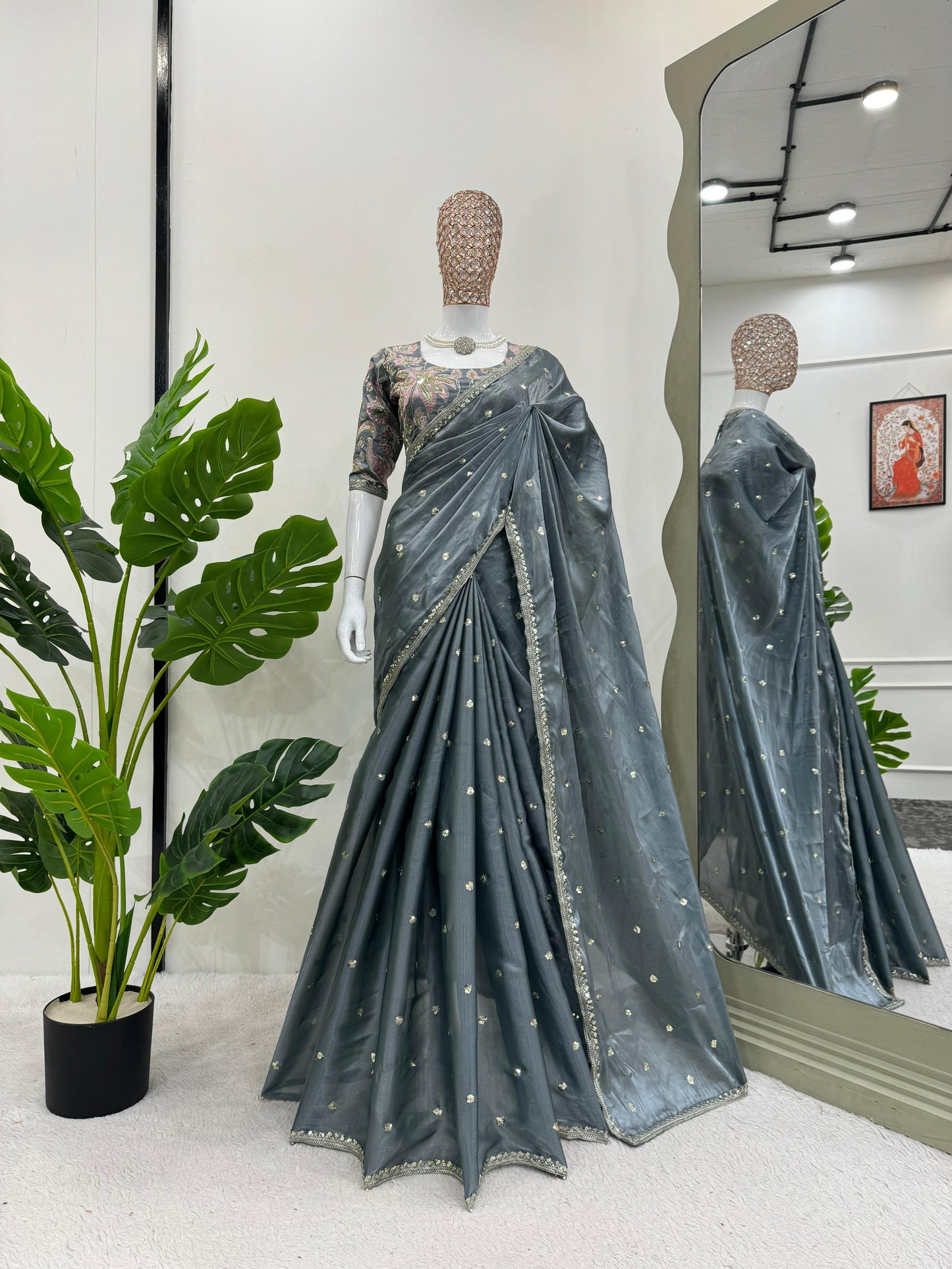 Gray Jimmy Chu Sequins Work Saree