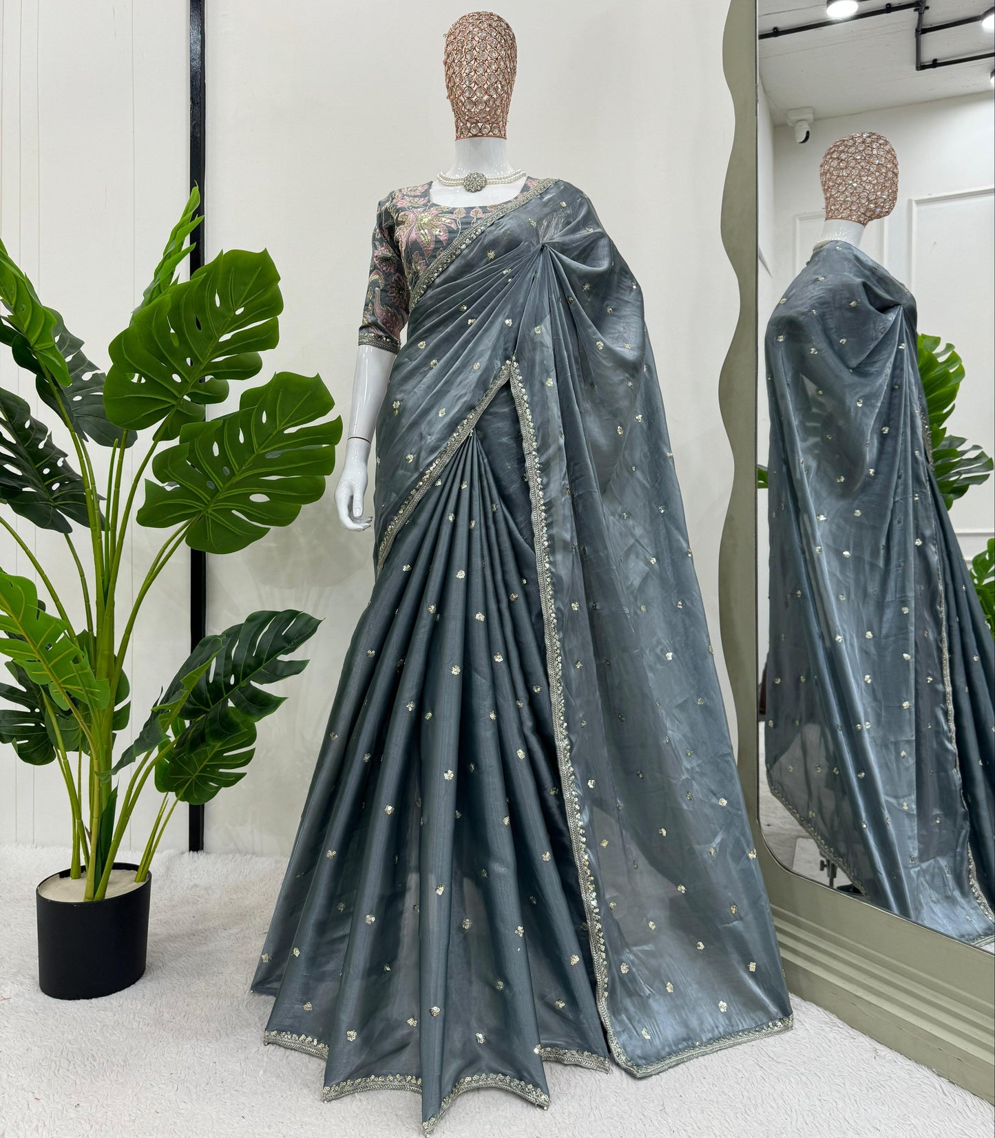 Gray Jimmy Chu Sequins Work Saree