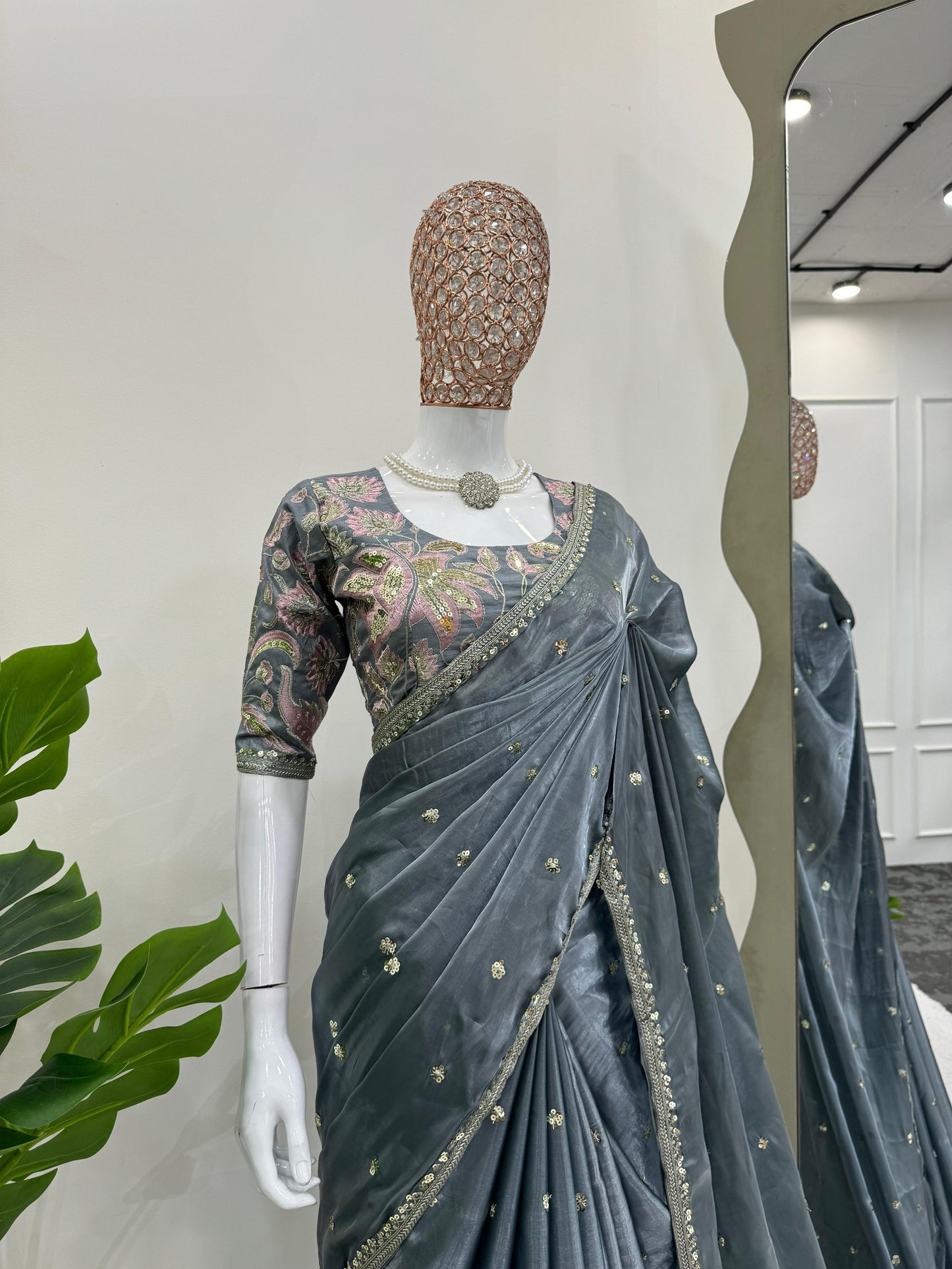 Gray Jimmy Chu Sequins Work Saree