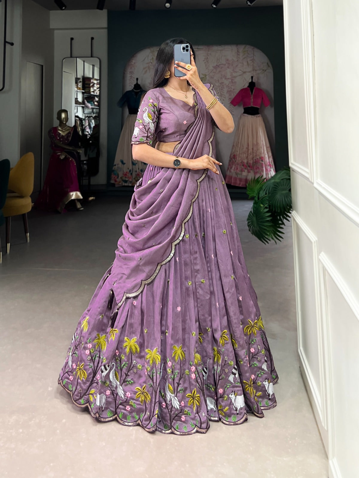 Lavender Vichitra Simmer Sequins Embroidery Work Lehenga