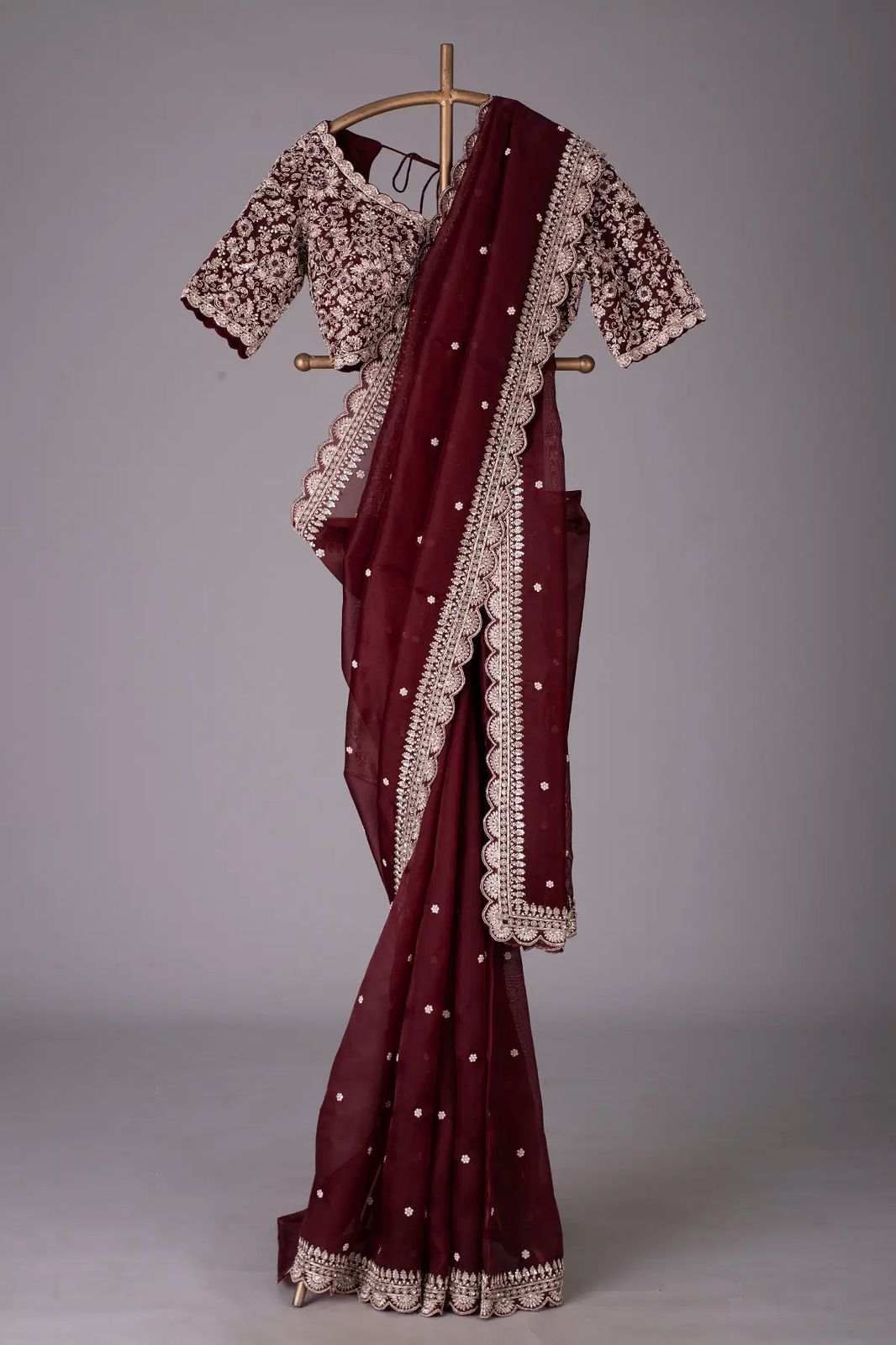 Maroon Heavy Tibby Silk Sequins Embroidery Saree