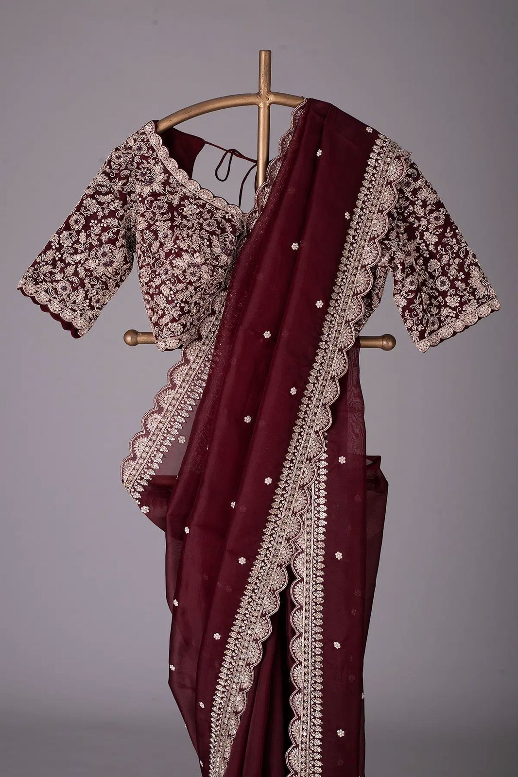 Maroon Heavy Tibby Silk Sequins Embroidery Saree