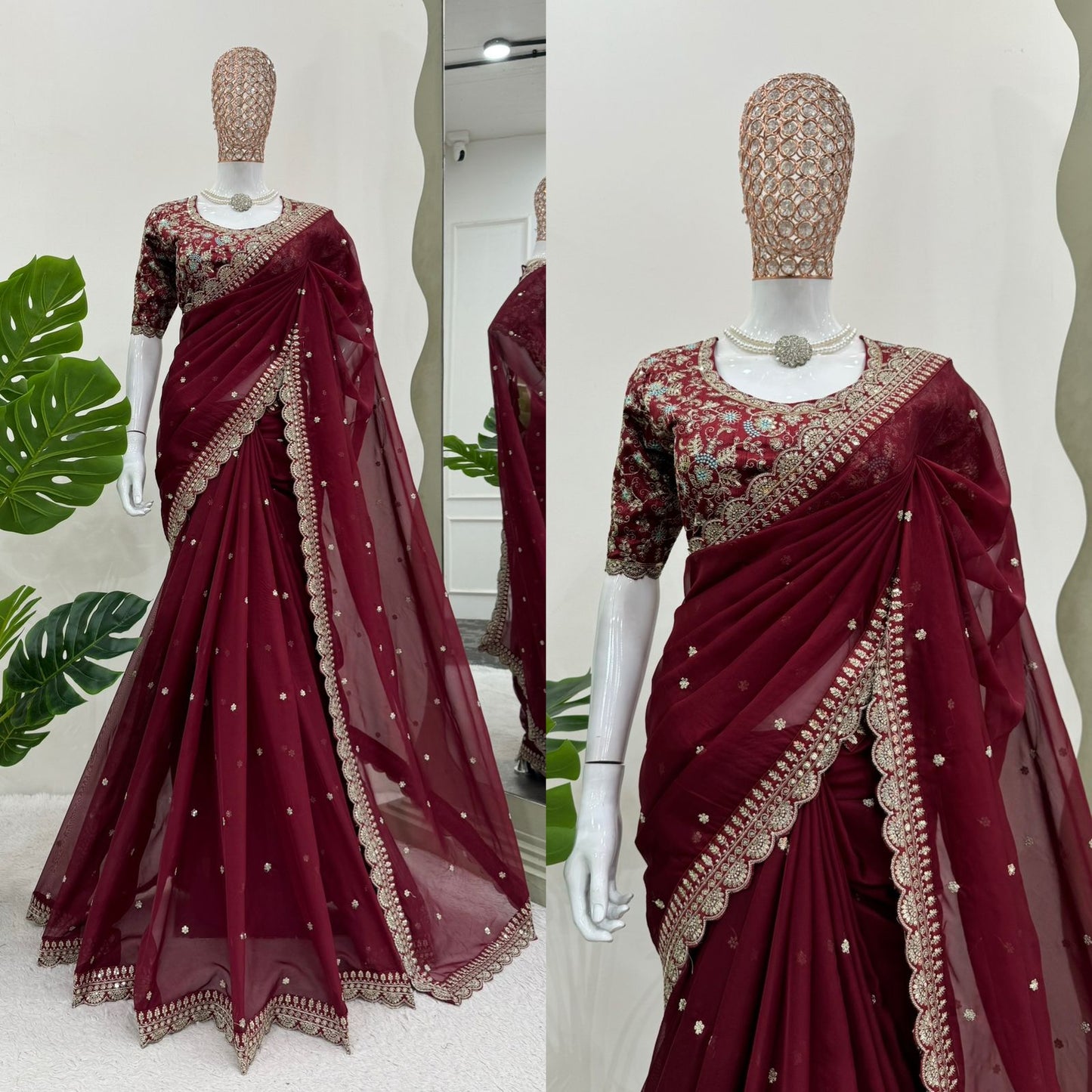 Maroon Heavy Tibby Silk Sequins Embroidery Saree
