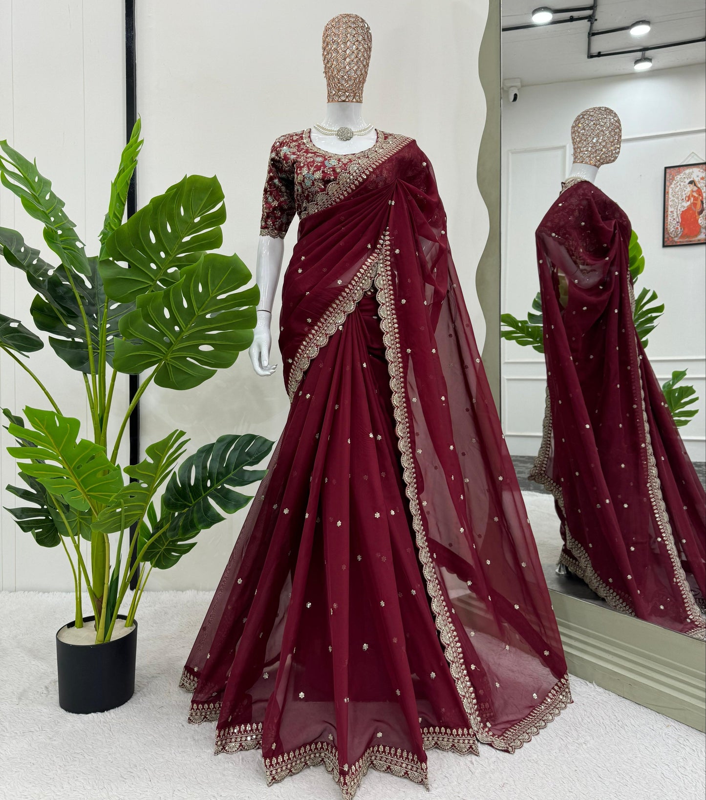 Maroon Heavy Tibby Silk Sequins Embroidery Saree