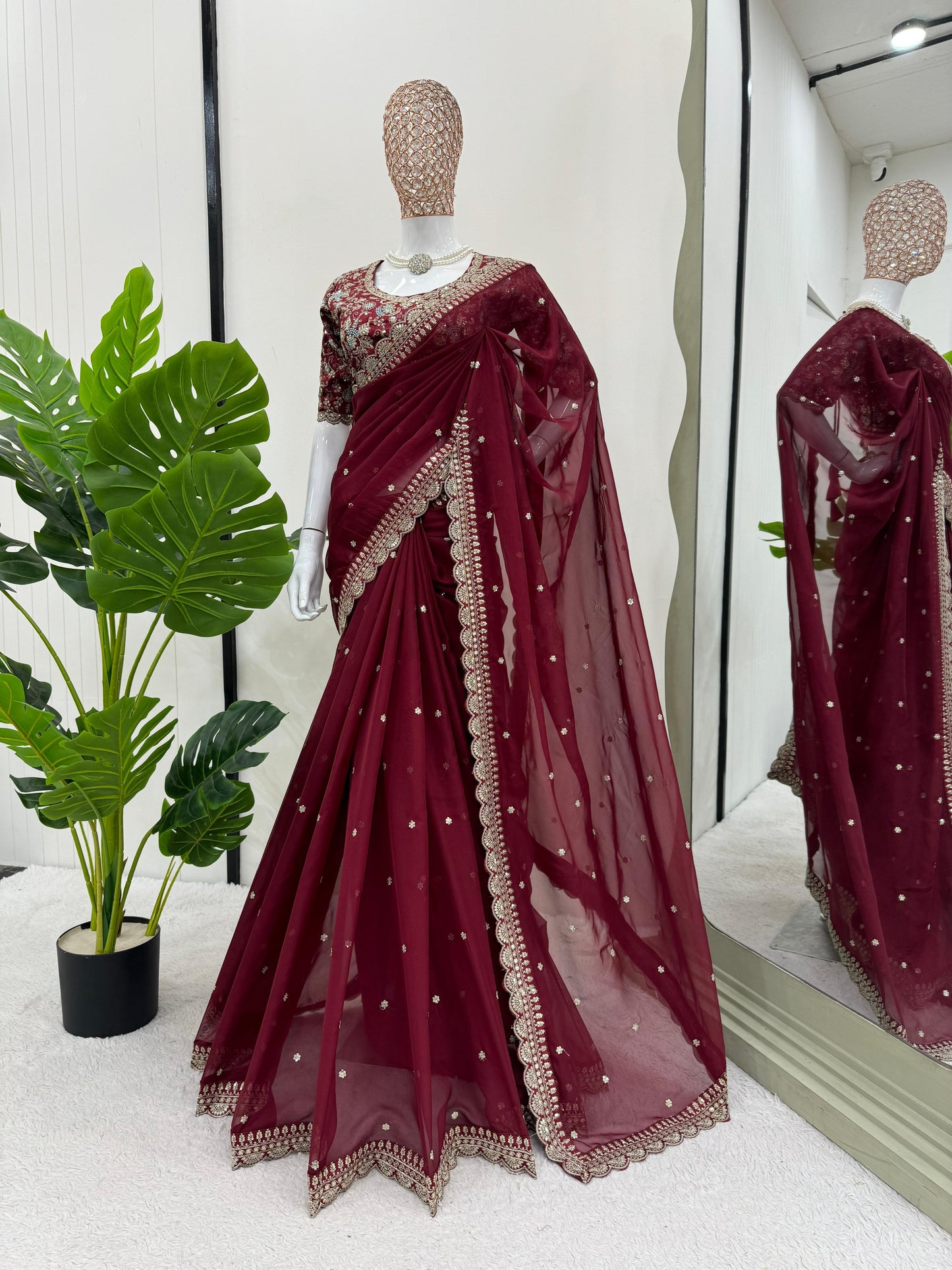 Maroon Heavy Tibby Silk Sequins Embroidery Saree