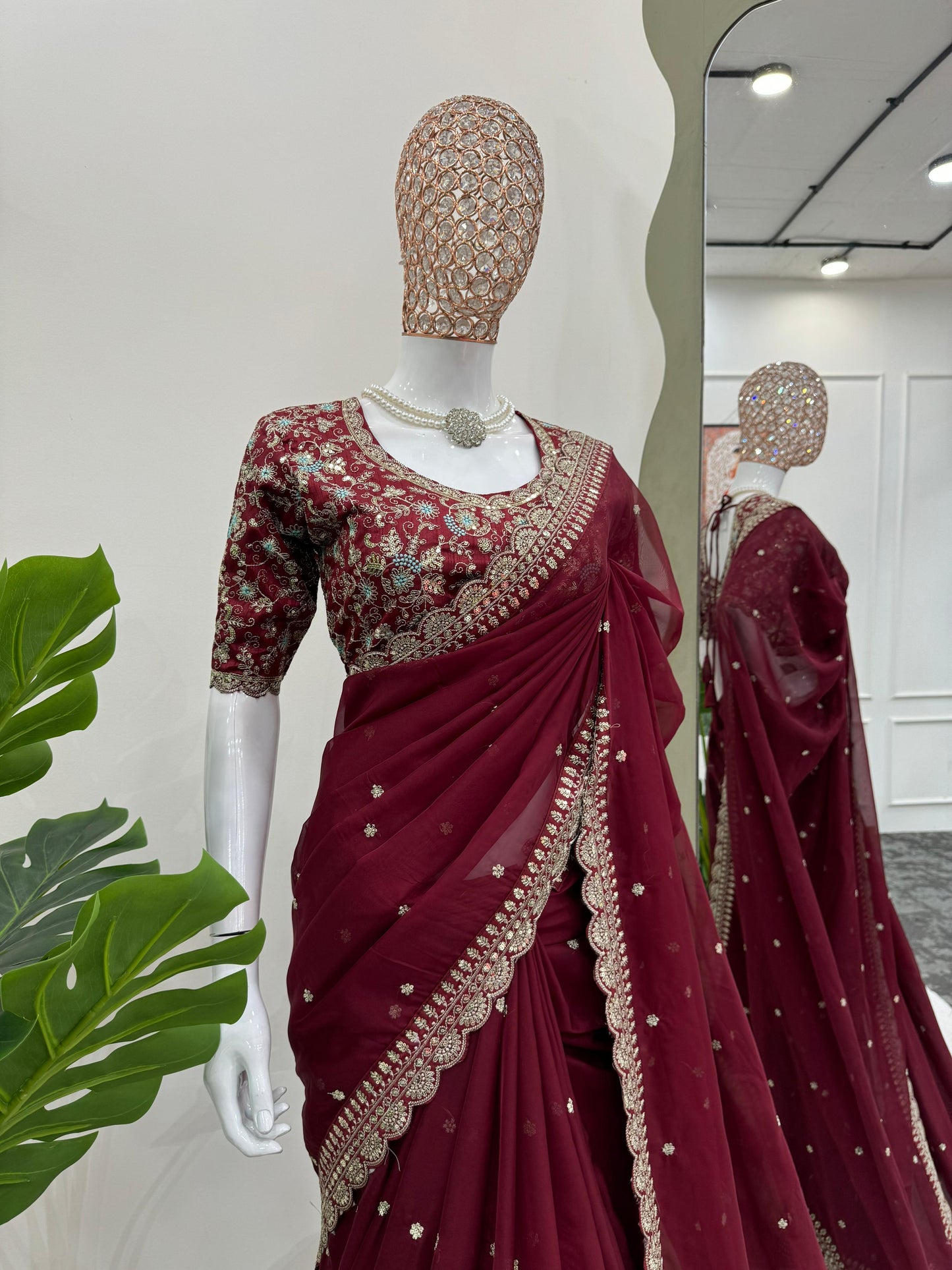 Maroon Heavy Tibby Silk Sequins Embroidery Saree
