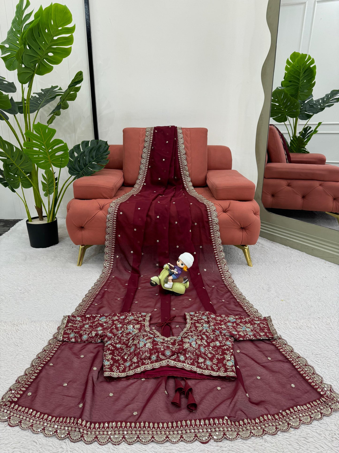Maroon Heavy Tibby Silk Sequins Embroidery Saree