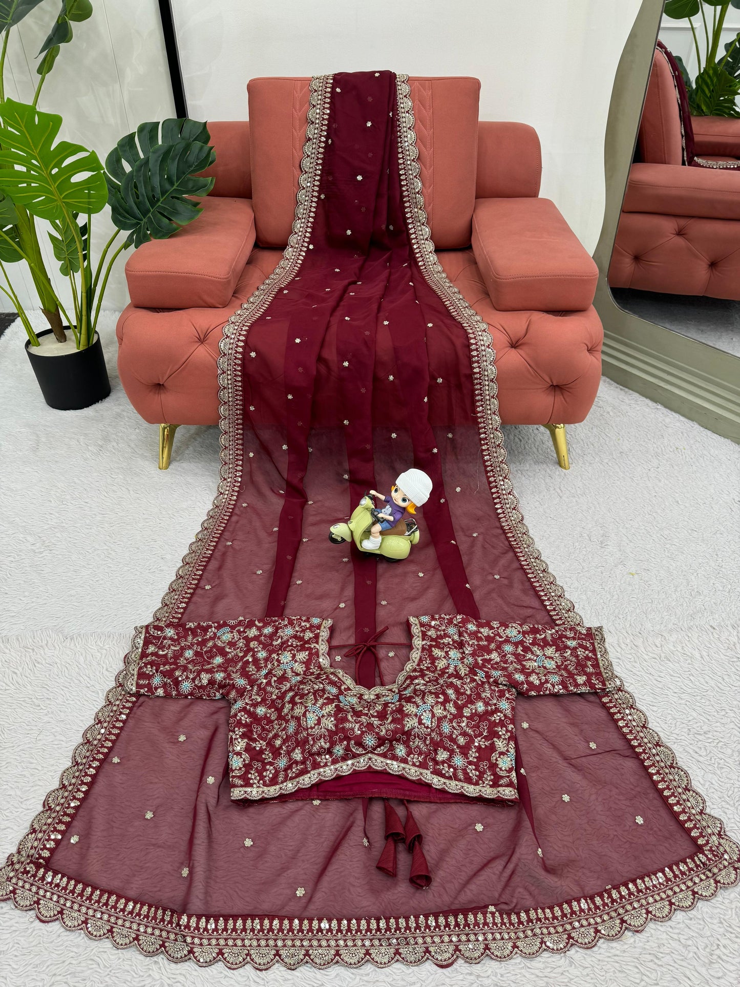Maroon Heavy Tibby Silk Sequins Embroidery Saree