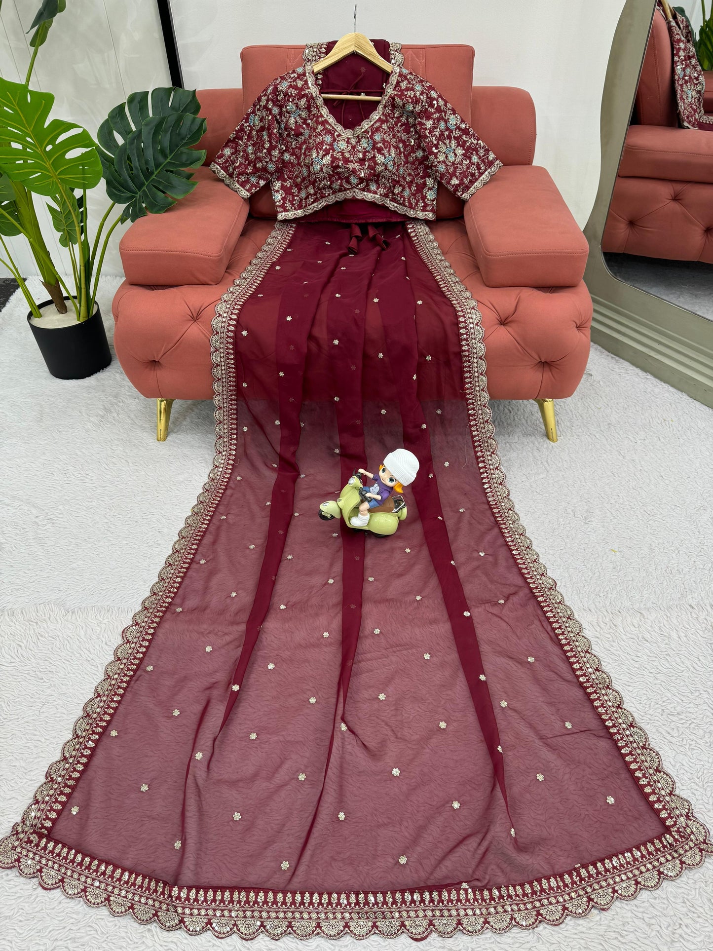 Maroon Heavy Tibby Silk Sequins Embroidery Saree