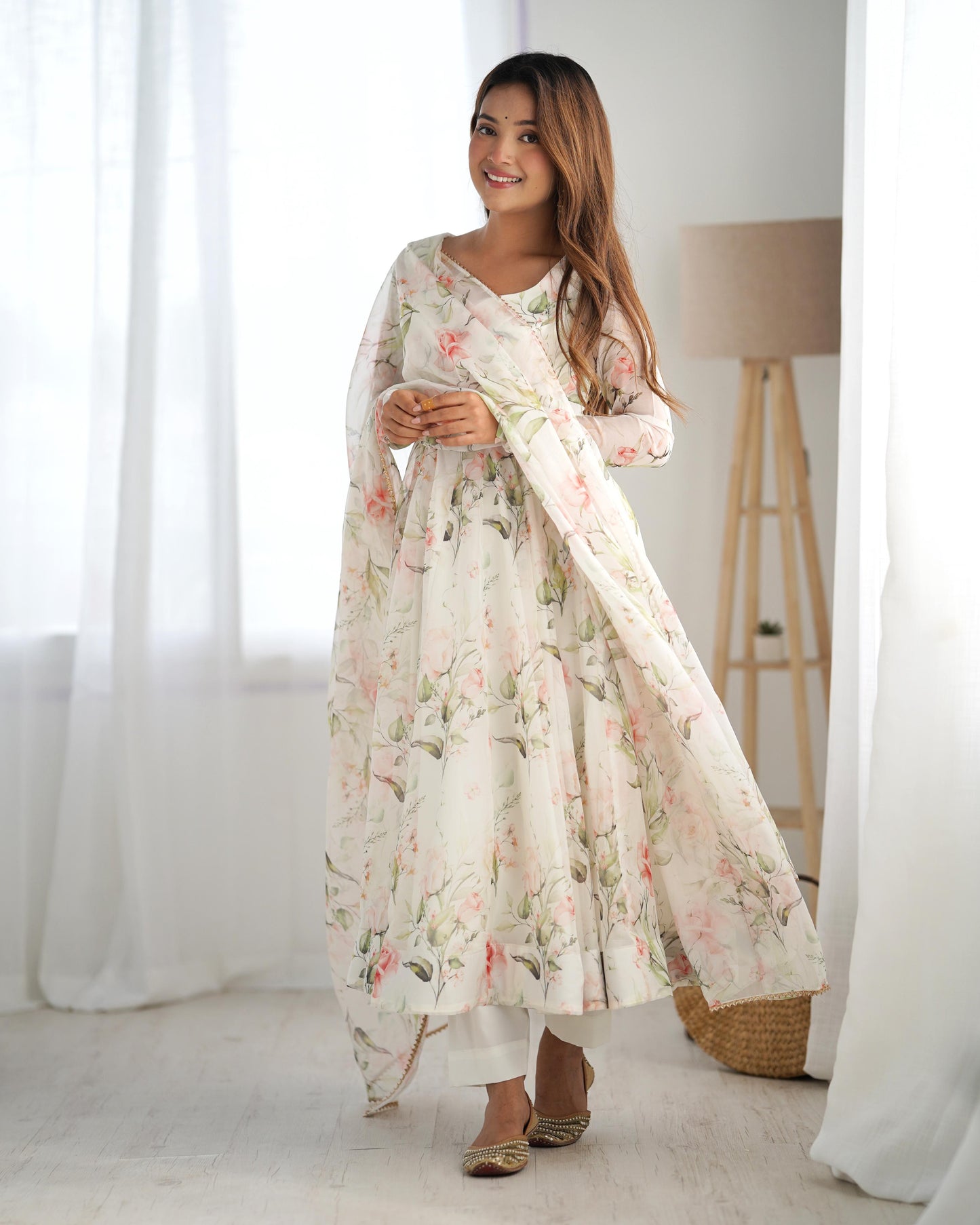 White Heavy Pure Soft Organza Silk With Print 3pc Kurta Set