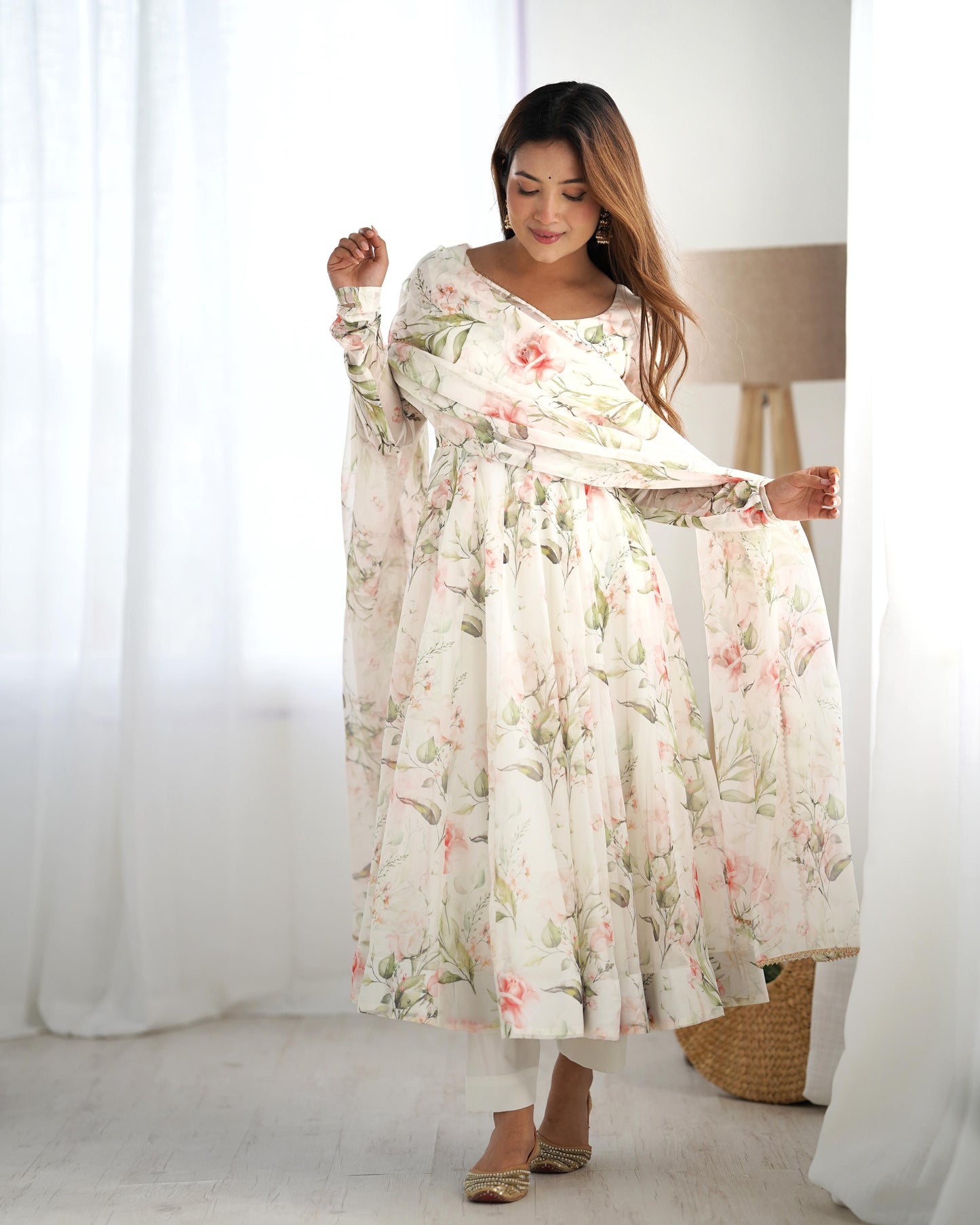 White Heavy Pure Soft Organza Silk With Print 3pc Kurta Set
