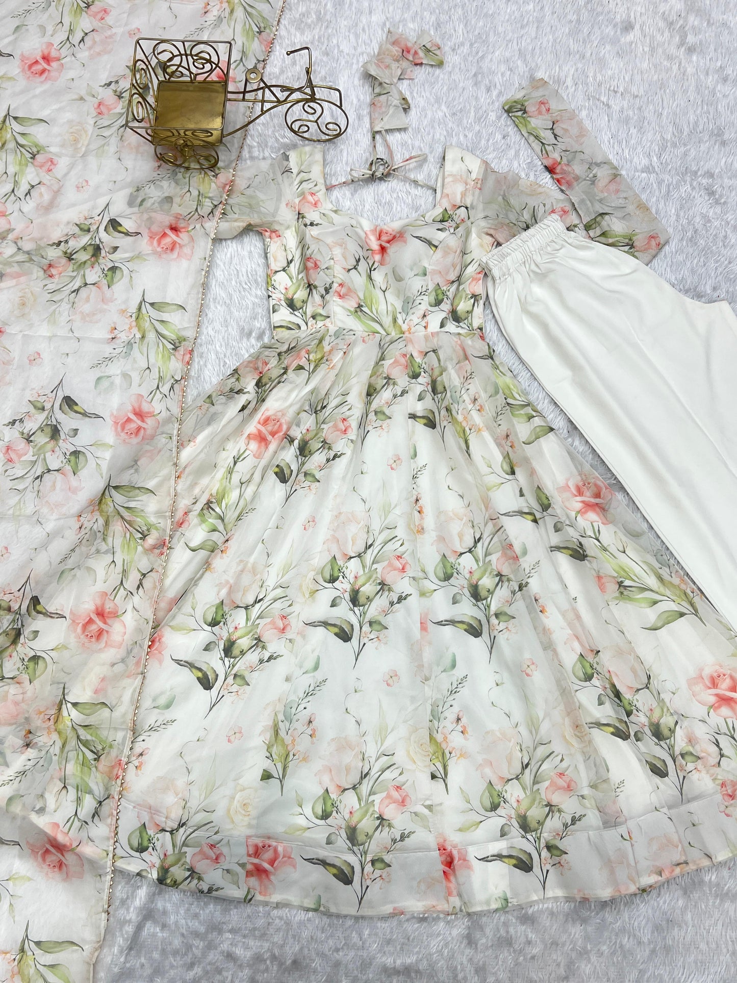 White Heavy Pure Soft Organza Silk With Print 3pc Kurta Set