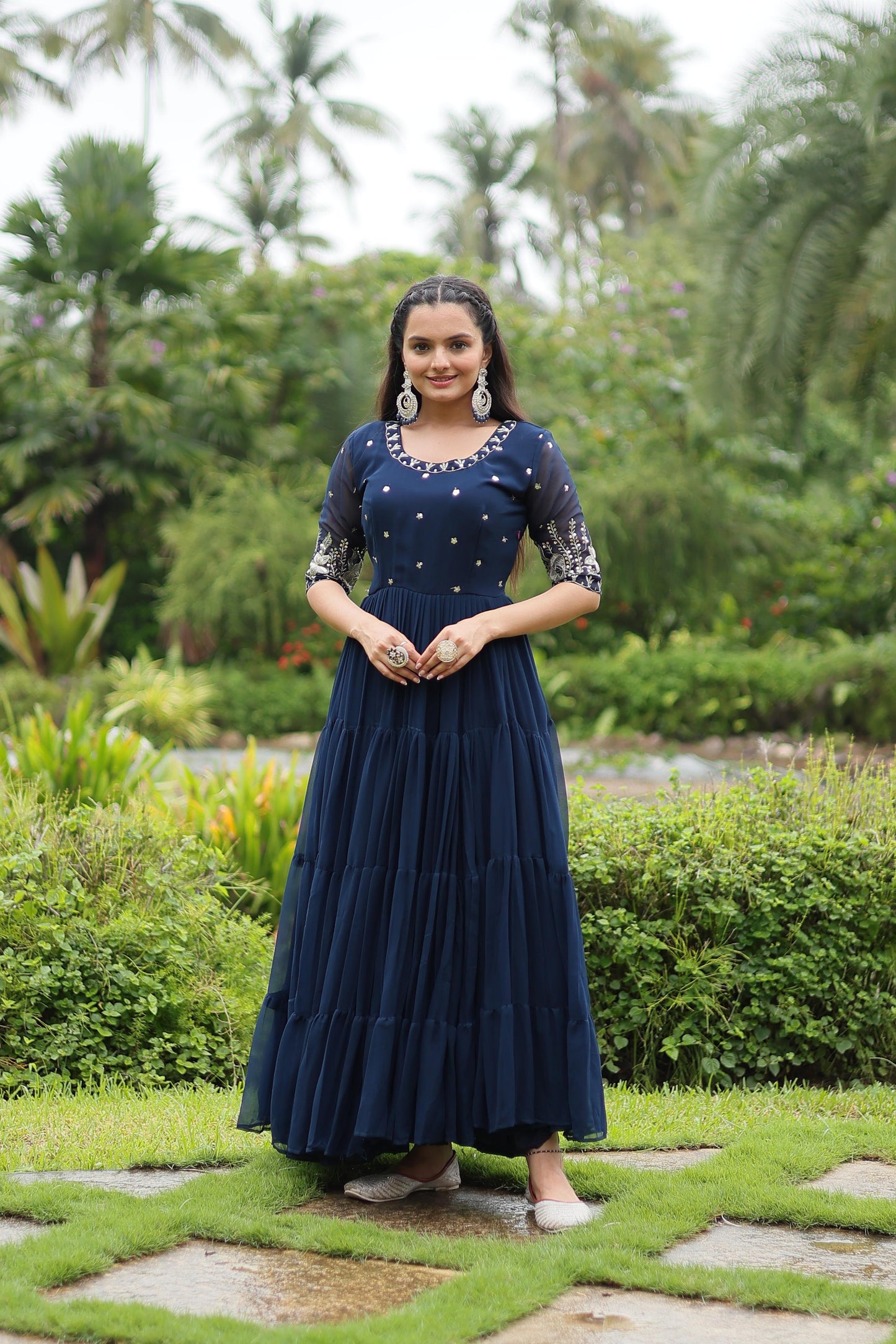Navy Blue Faux Blooming Sequins Work Gown