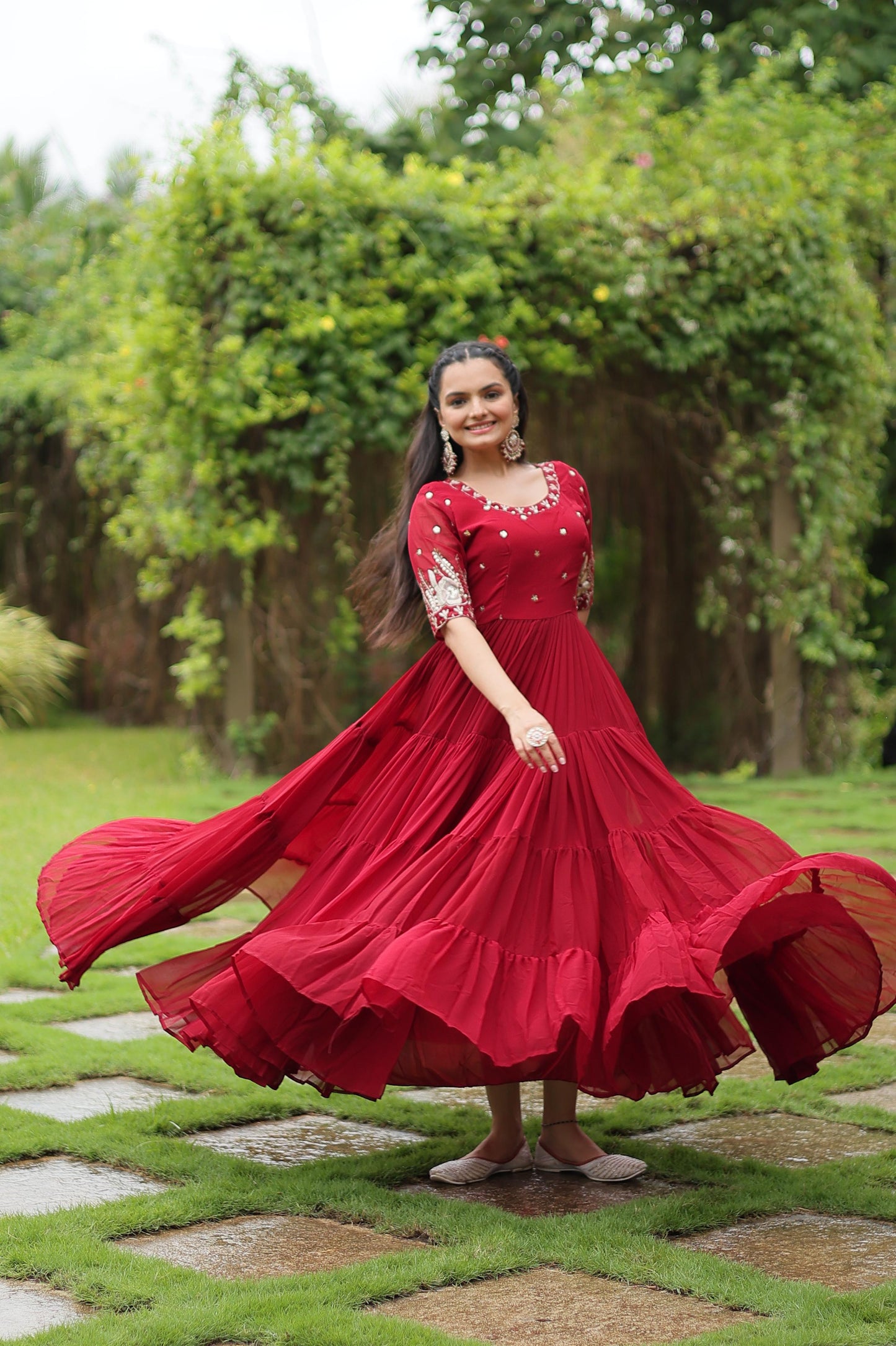 Red Faux Blooming Sequins Work Gown