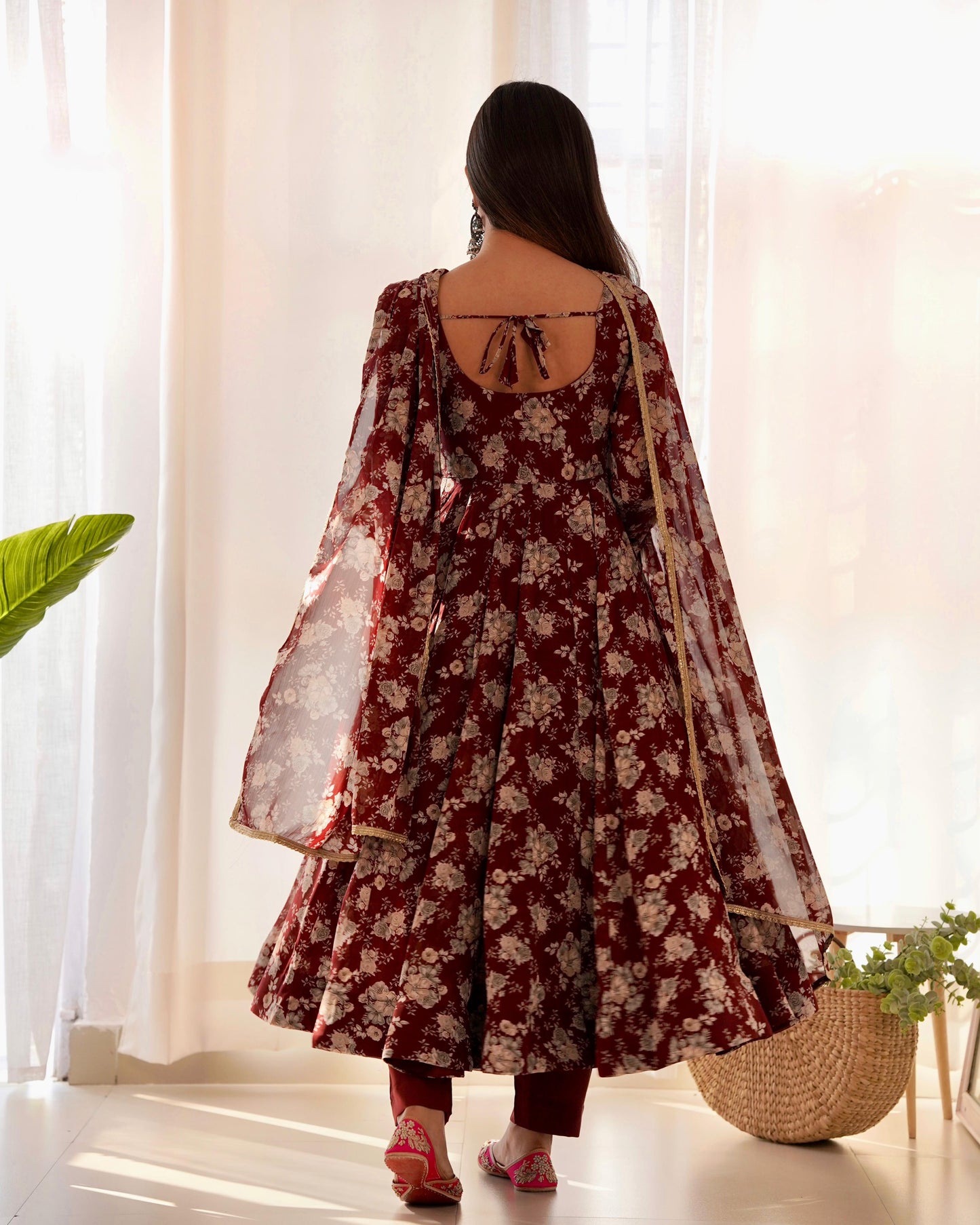 Dark Maroon Floral Print Pure Micro Cotton Anarkali 3pc Kurta Set