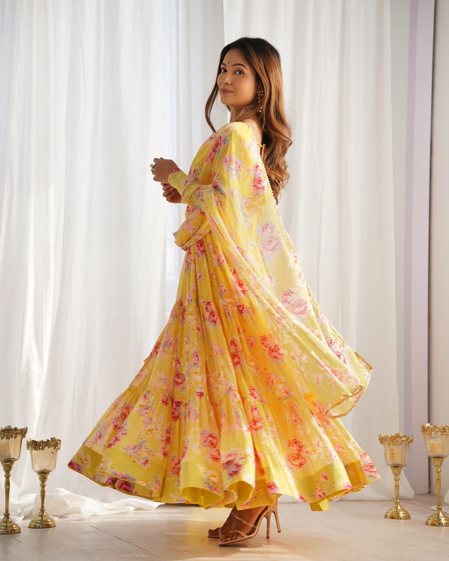 Yellow Color Georgette Floral Print Anarkali 3pc Kurta Set