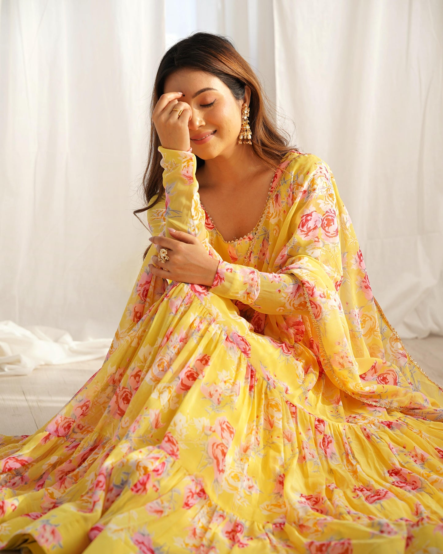 Yellow Color Georgette Floral Print Anarkali 3pc Kurta Set